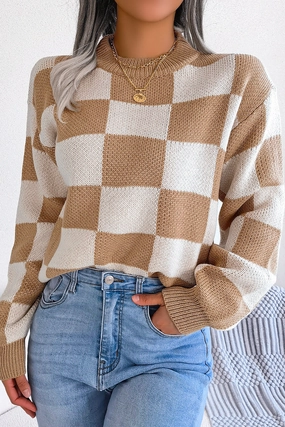WOMEN PATCHWORK PATTERN LOOSE FIT KNITTED SWEATER NonIrritating