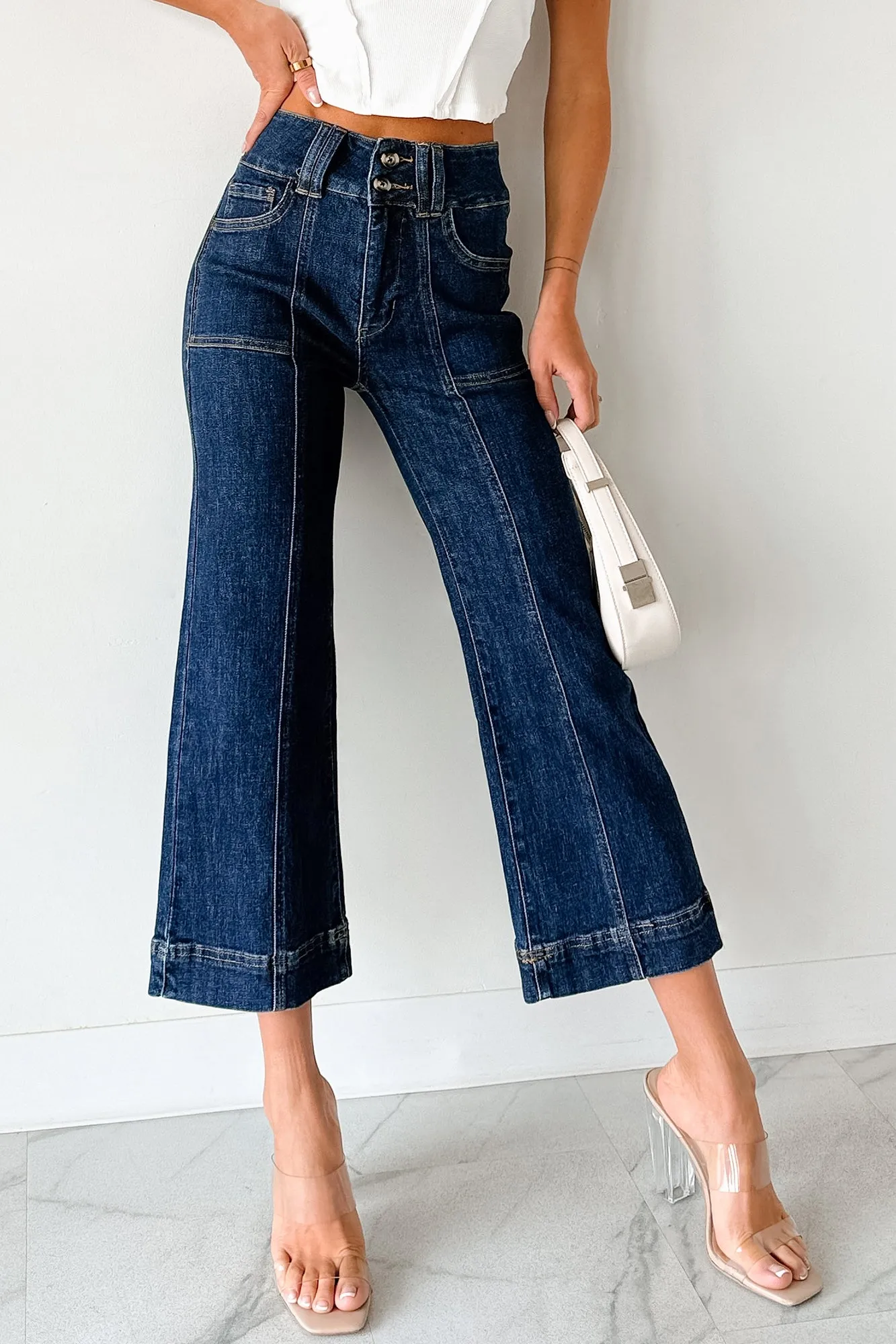 Casual Style Weekend Getaway Outdoor Adventure Picnic Style Tatum Wide Leg Mica Denim Crop Jeans (French Navy)