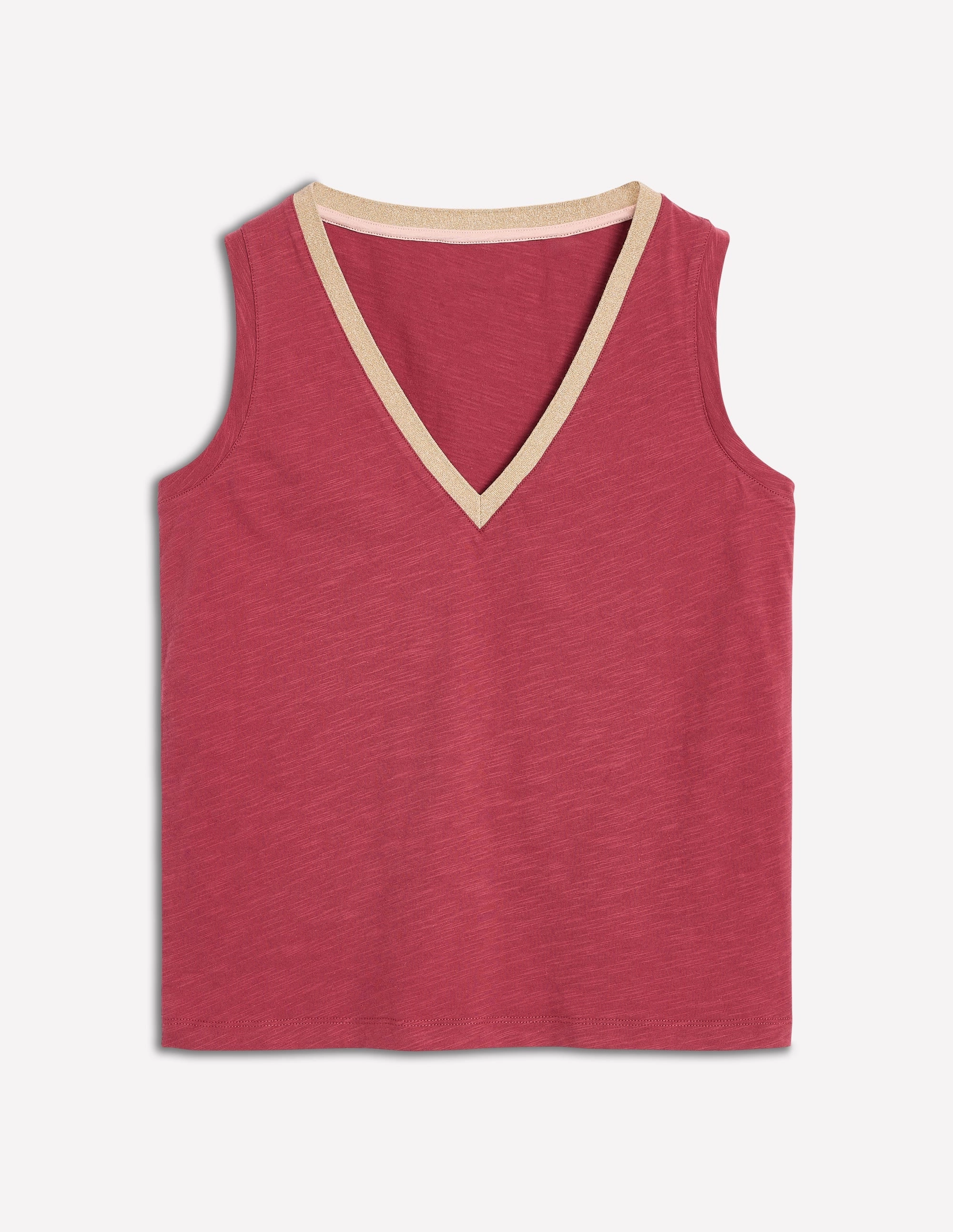 Metallic Trim V Neck Vest-Terracotta Red Flexible Neckline Sustainable Fabric Blend