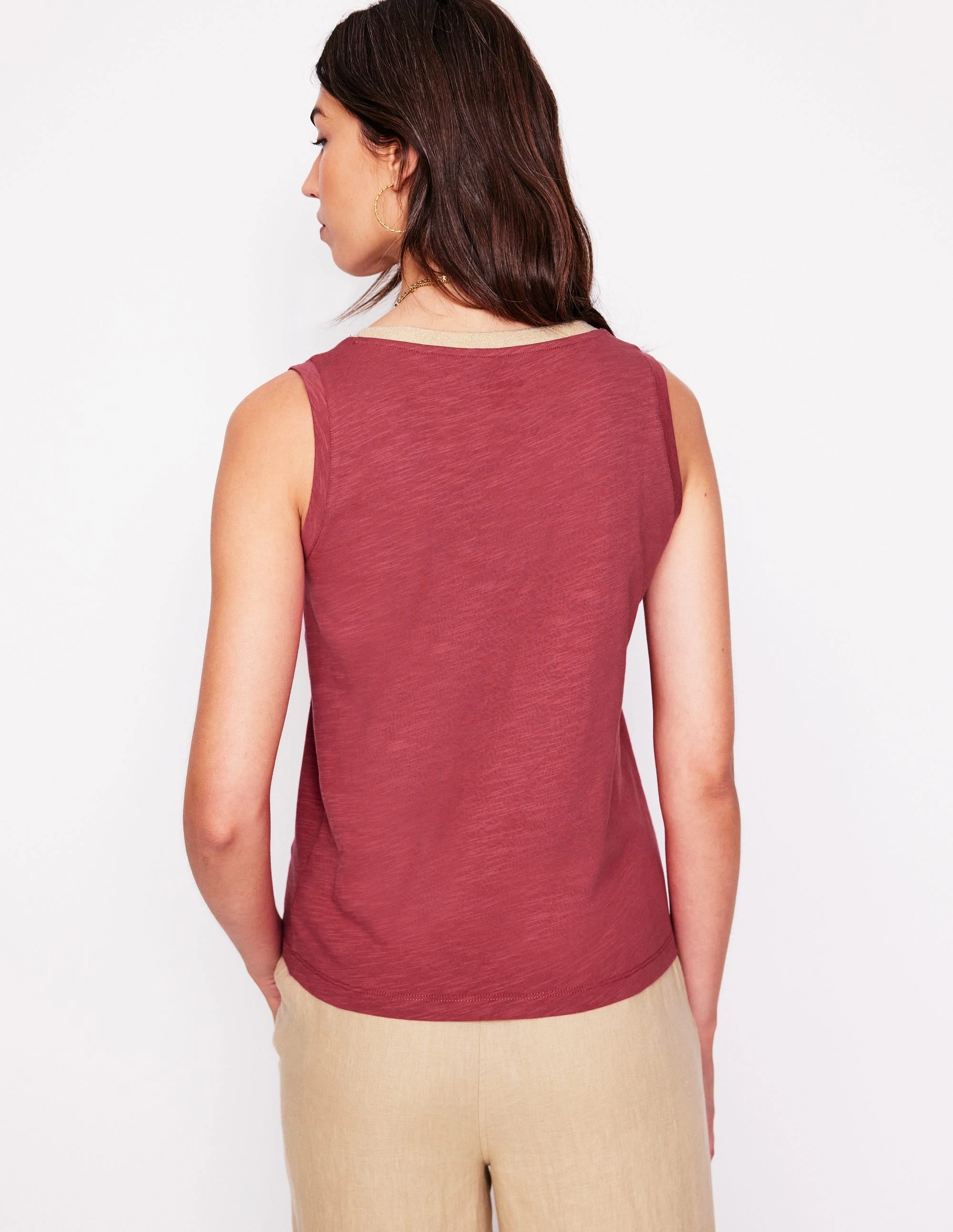 Metallic Trim V Neck Vest-Terracotta Red Quick Dry Fabric