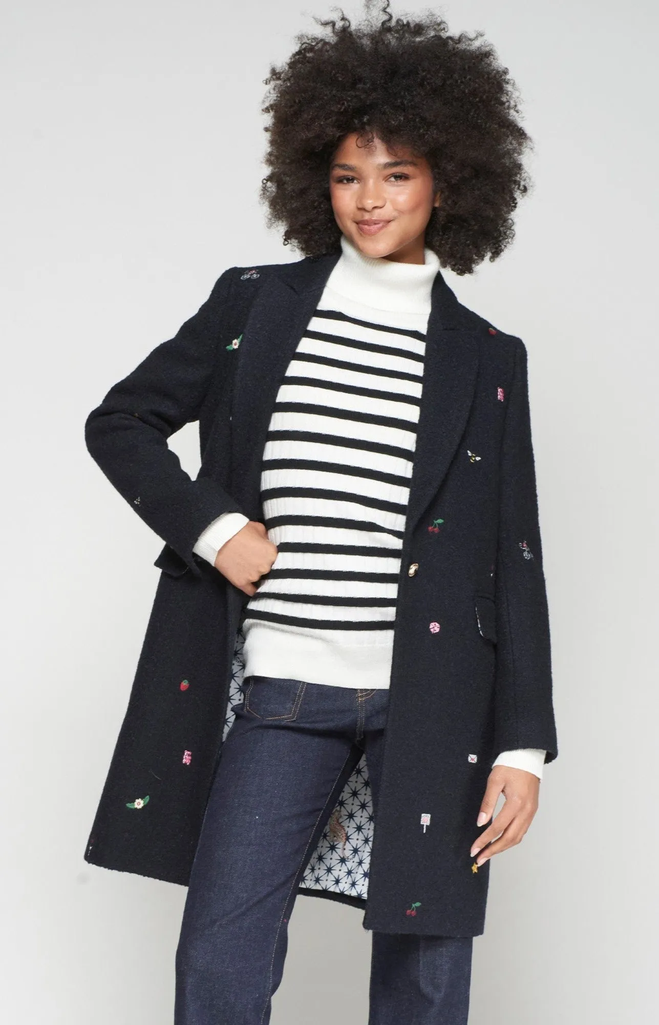 Eco Friendly Dye Aricia Mini Embroidery Wool Long Coat in Navy