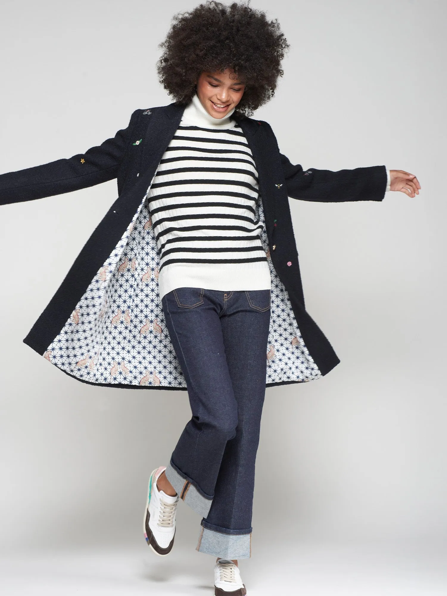 TemperatureRegulating Aricia Mini Embroidery Wool Long Coat in Navy