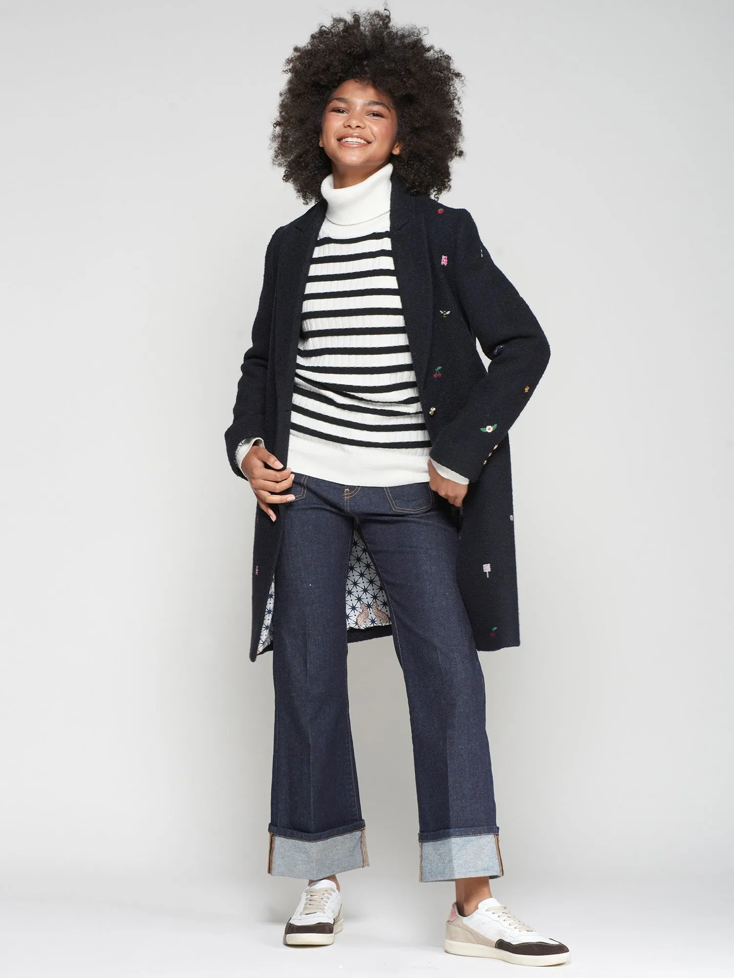 Yarn Dyed Fabric MultiPocket Design Aricia Mini Embroidery Wool Long Coat in Navy