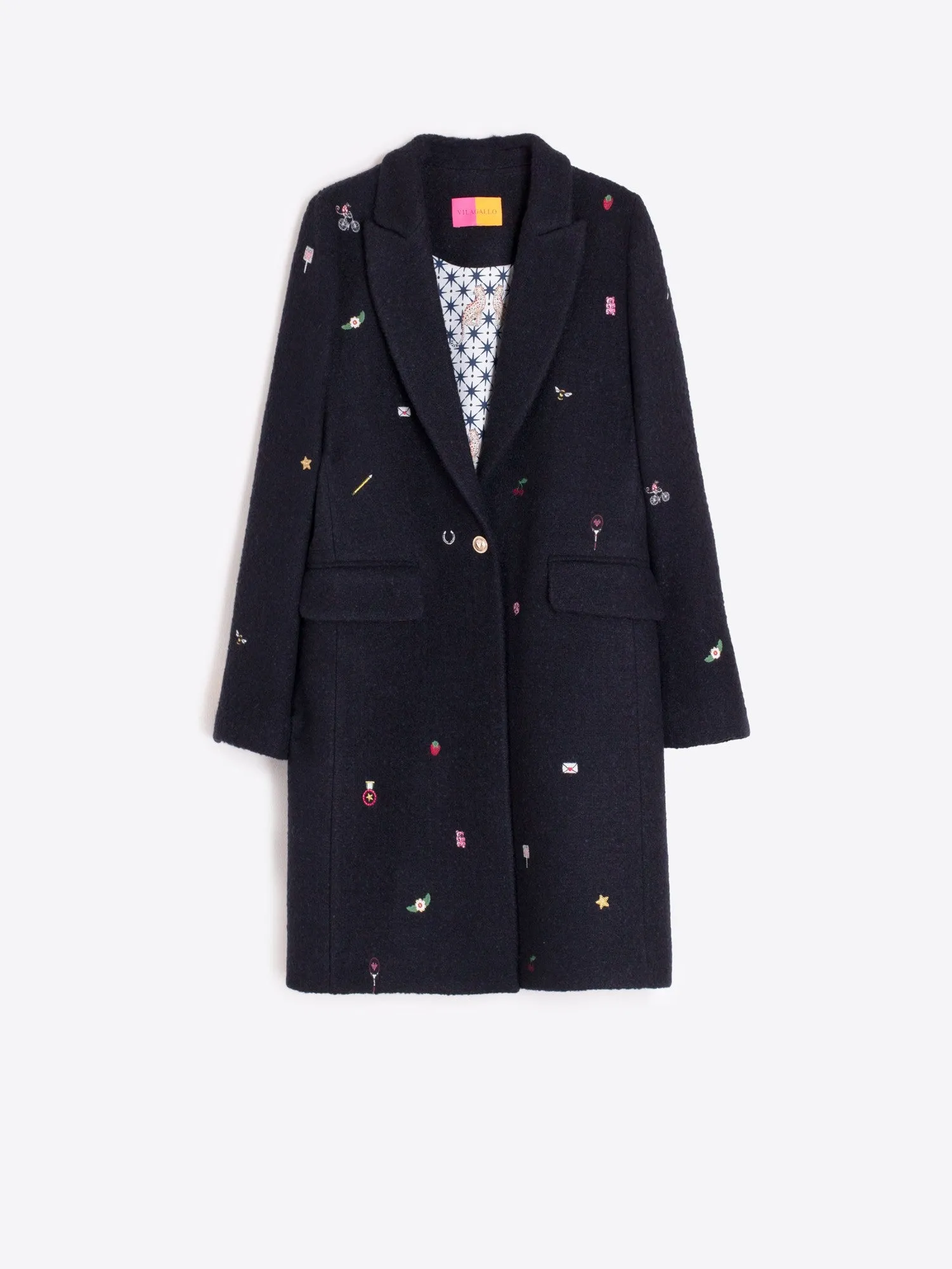 OdorResistantTechnology Aricia Mini Embroidery Wool Long Coat in Navy
