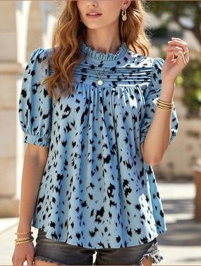 Temperament Casual Printed Short Sleeve Top ??Lightweight Vivid Blouse for Women Formal Shirt AllClimateAdaptive