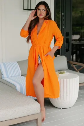 Airtight Storage Compartment Live Colorfully Tie-Waist Linen Trench Coat (Orange)
