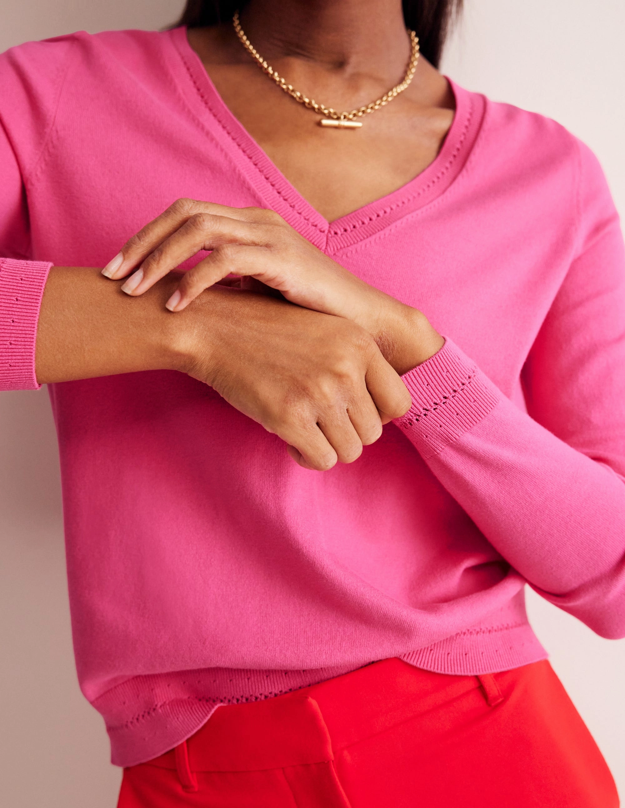 Catriona Cotton V-Neck Jumper-Carmine Rose Pink Moisture Wicking Technology Odor Resistant Blend