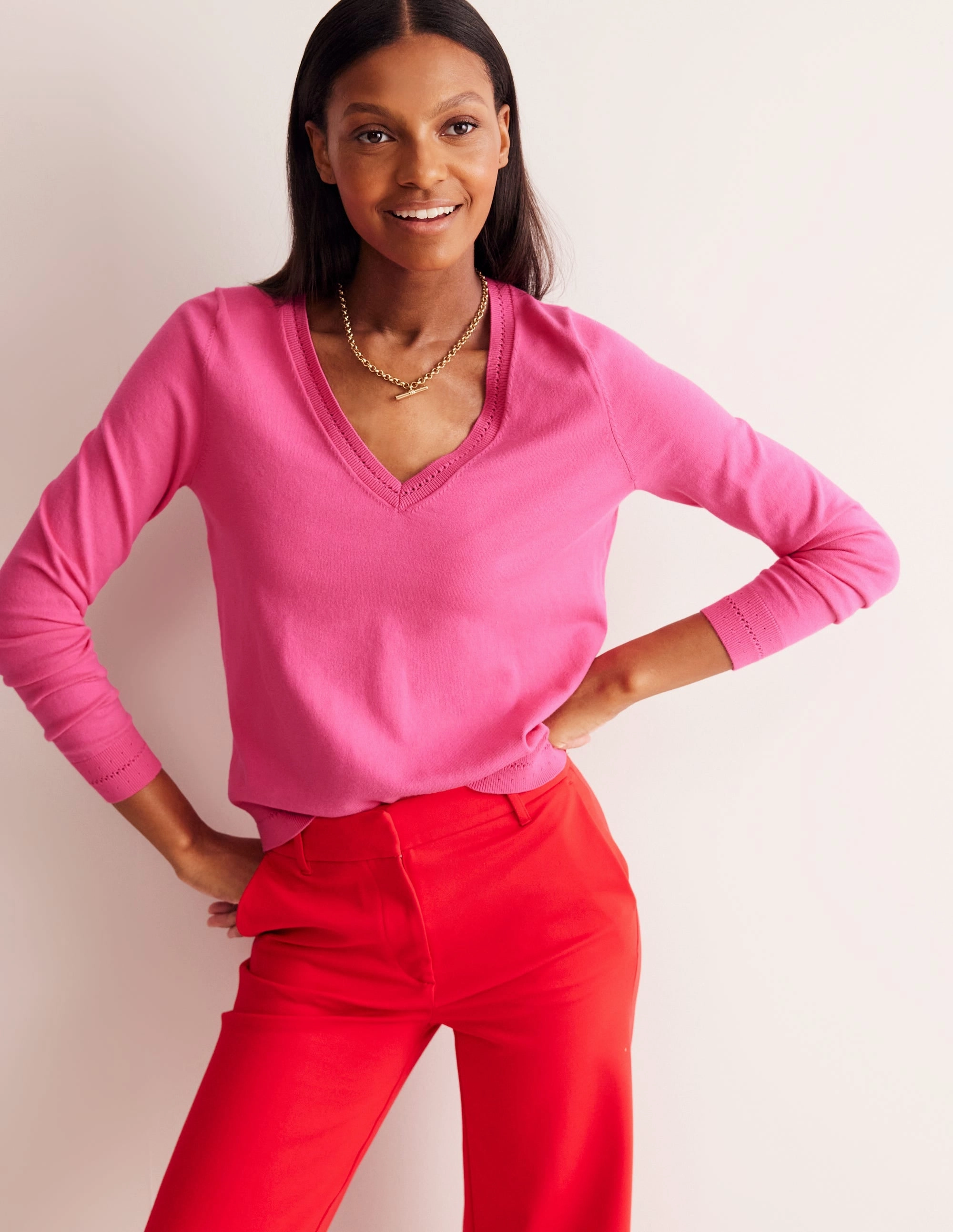 Catriona Cotton V-Neck Jumper-Carmine Rose Pink Tagless Label System