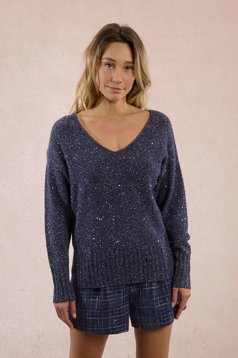 Buttery Soft Handfeel hypoallergenic material Knit and Sequin Sweater in Navy Blue