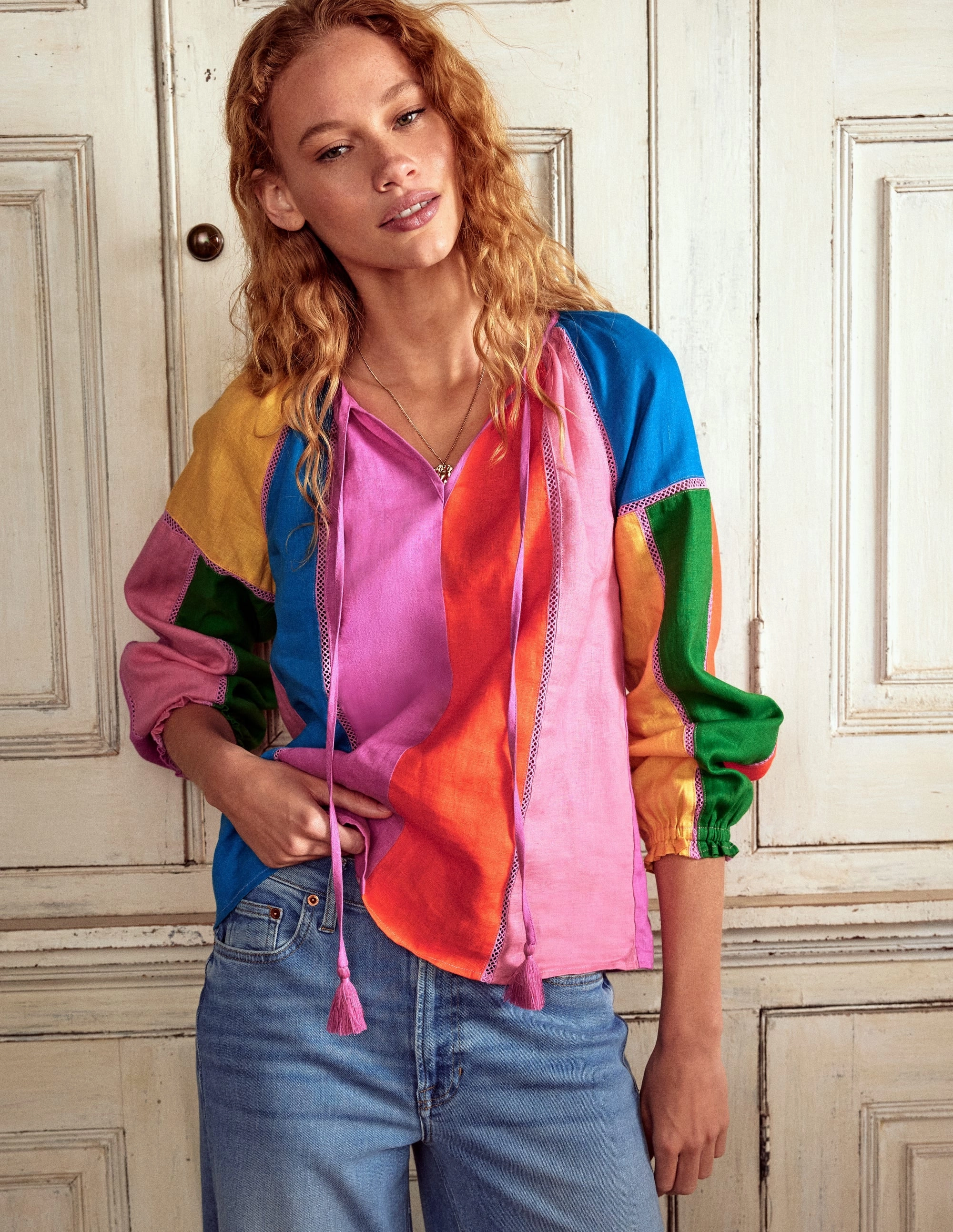 Layered Shoulder Linen Colour Block Top-Multi