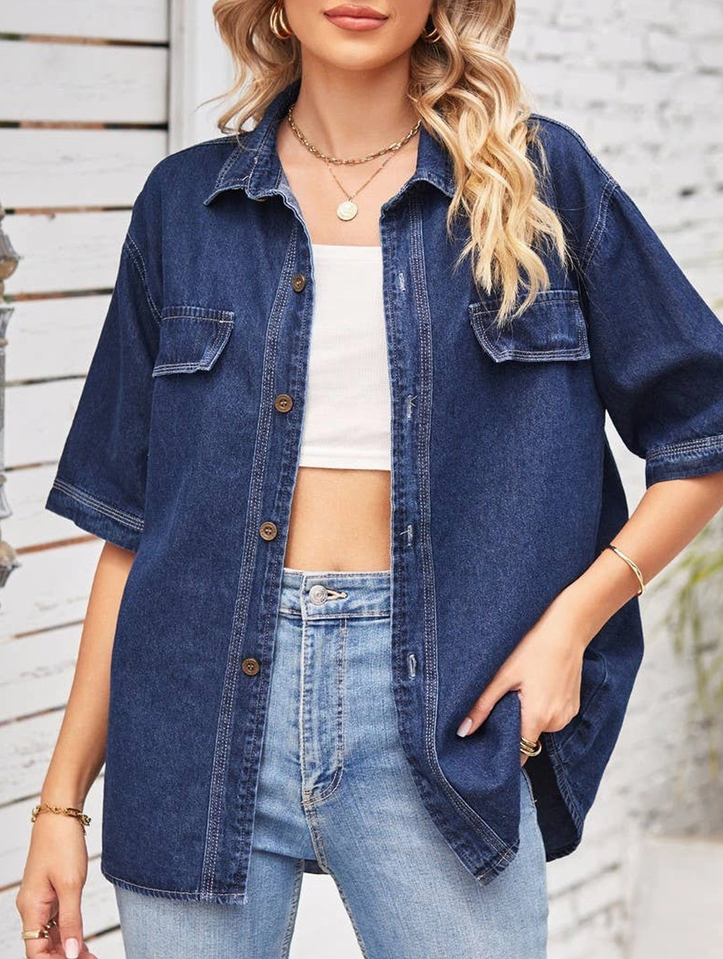 Street Style DENIM SINGLE BREASTED SHORT SLEEVE CASUAL SHIRT_CWTSTS0247