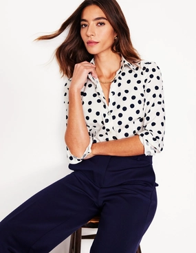 Saskia Stretch Cotton Shirt-Ivory and Navy, Abstract Dot Resilient Fabric Blend Reinforced Stress Points