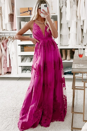 Eternal Bond Floral Velvet Mesh Maxi Dress (Magenta) HiddenVentilationPockets