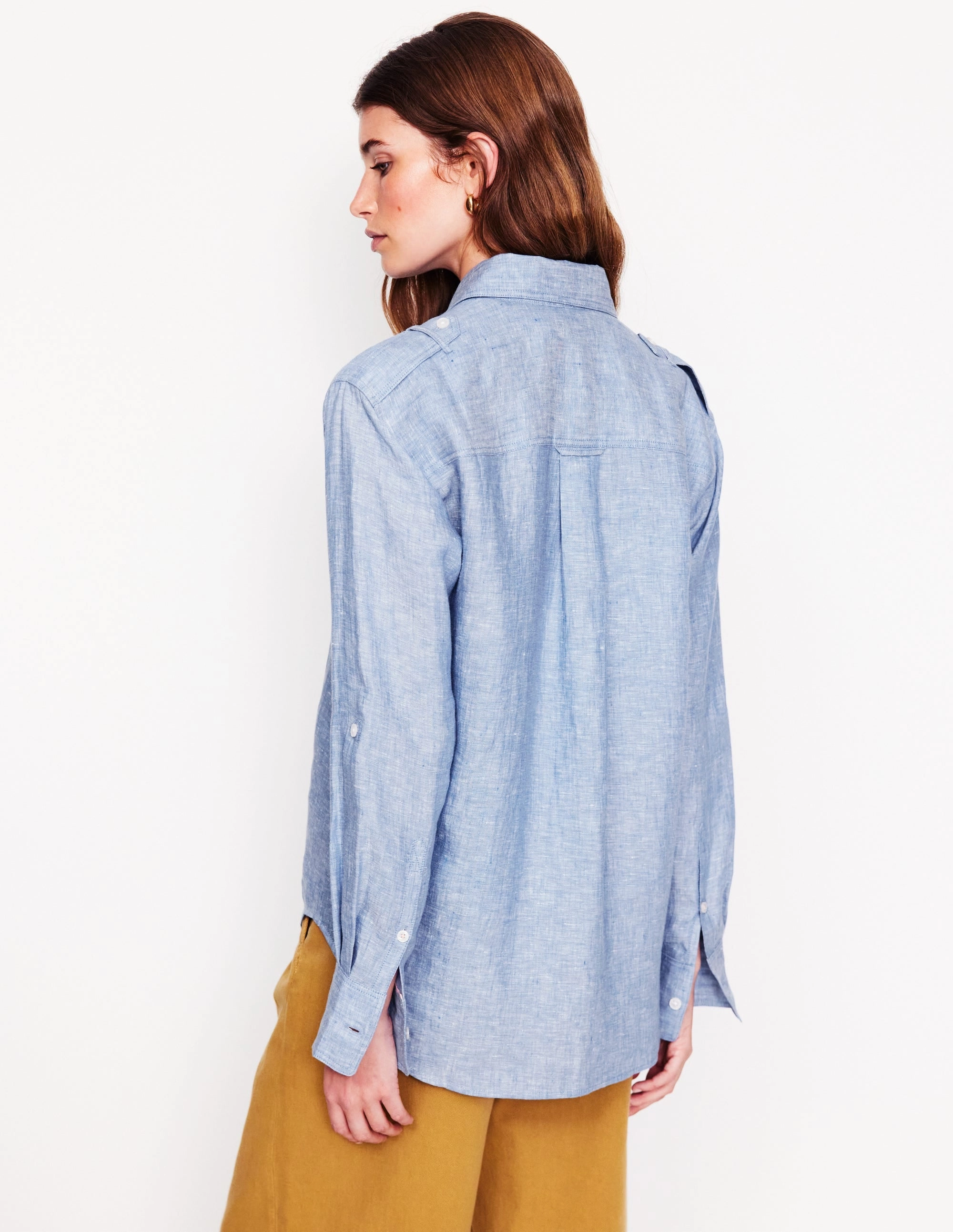 Longline Linen Safari Shirt-Chambray Anti Pilling Finish Durable Weave