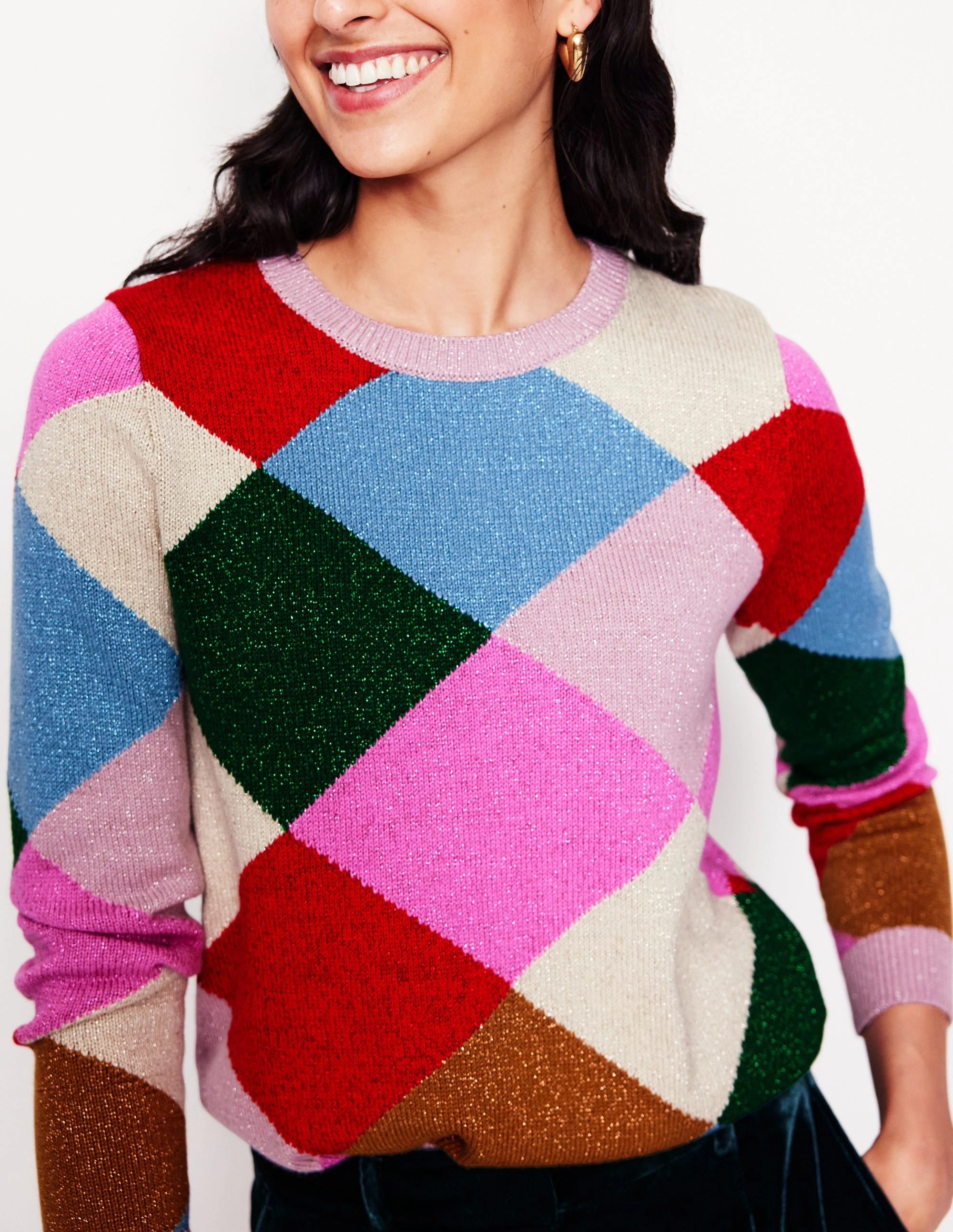 Minimalist Aesthetic NoSnag Surface Sparkly Argyle Jumper-Multi Rainbow, Argyle