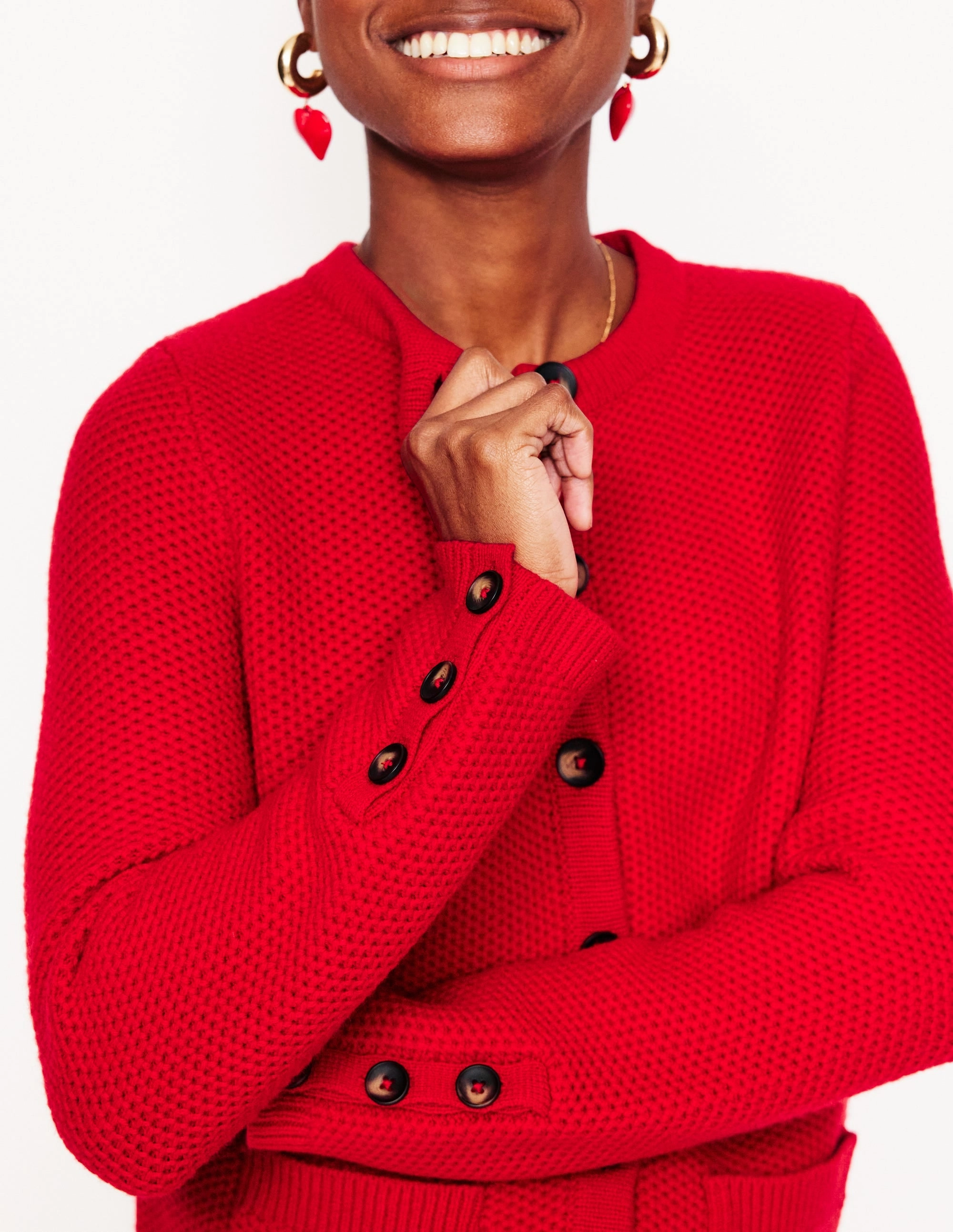Textured Stitch Cardigan-Rouge Red Breathable Merino Wool NonIrritating Seams