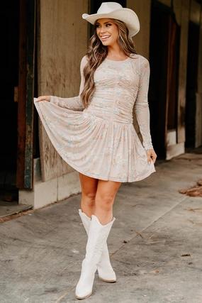 Sweet As Summer Floral Ruched Mini Dress (Blush) Earth-Tone Clean Touch