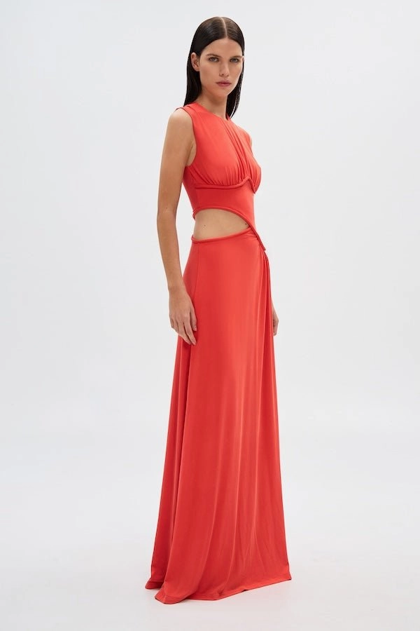 The 'Sierra' Jersey Gown Tomato Red Light Weight Chic formal attire