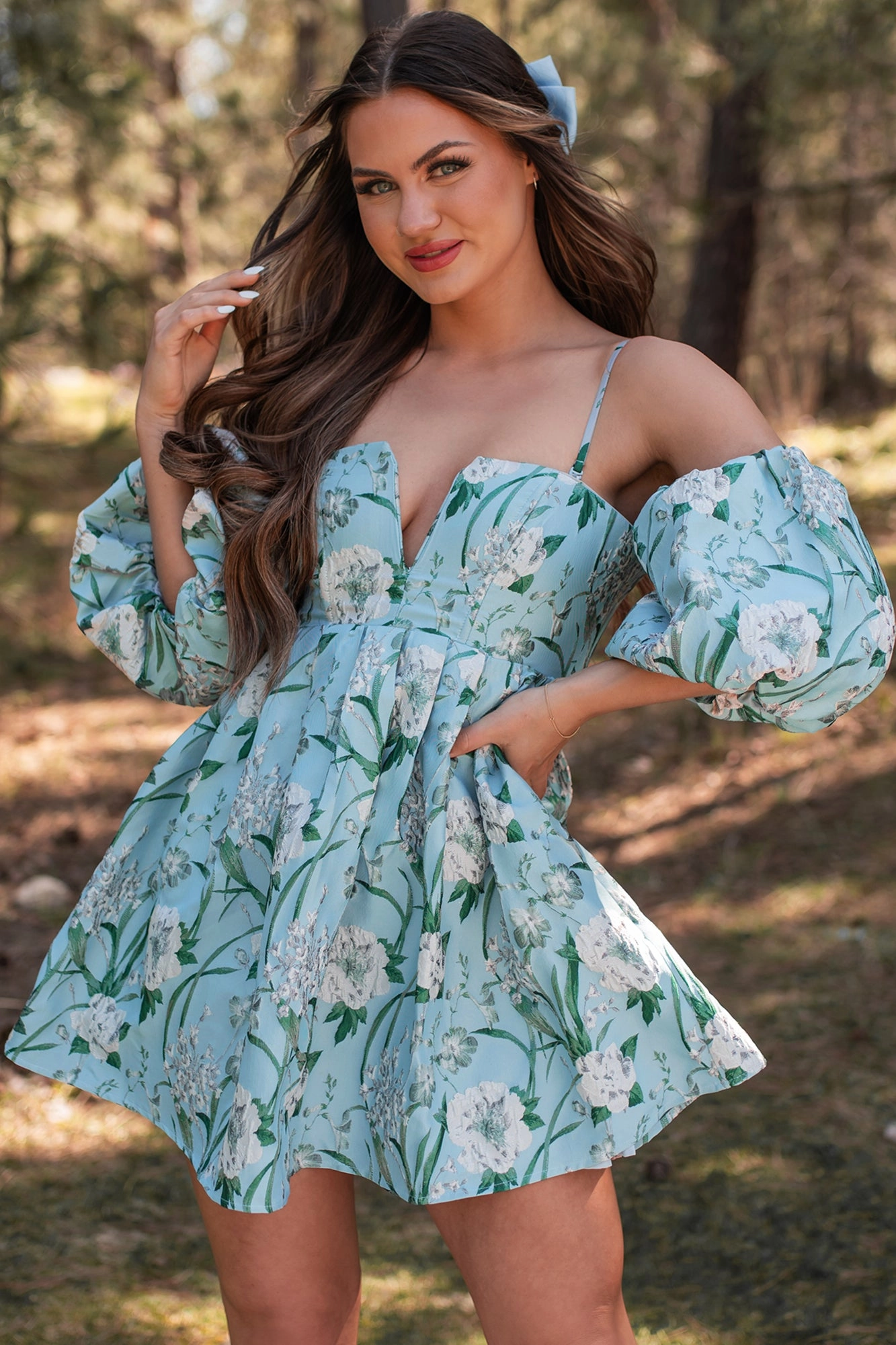 The Beauty Within Off The Shoulder Floral Mini Dress (Aqua Blue) Bloom Zone
