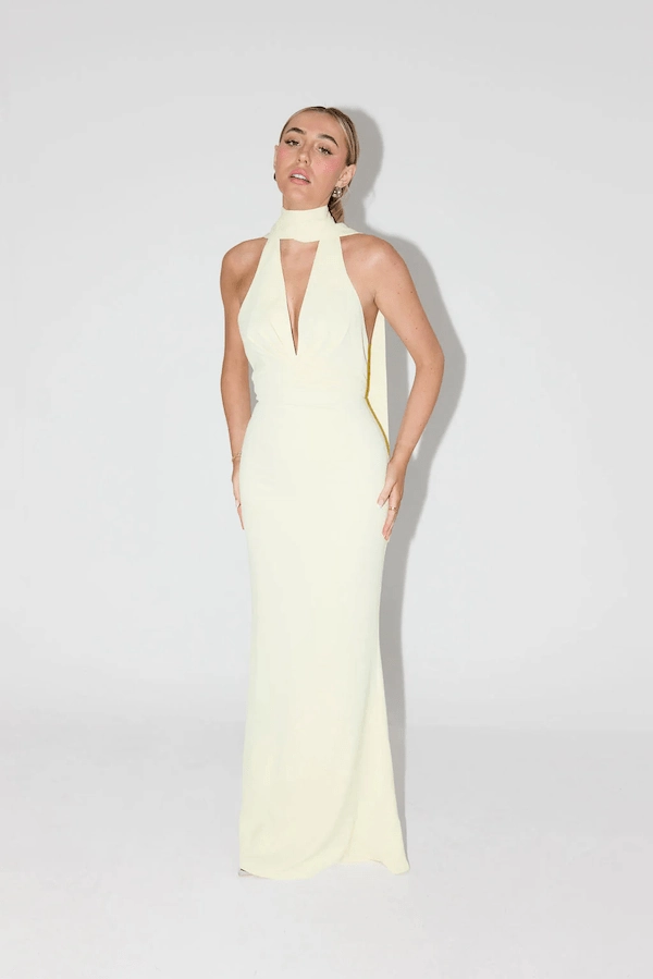 The Ultimate Muse Tie Neck Maxi Dress Butter Cream Comfortable fit dress for all body types