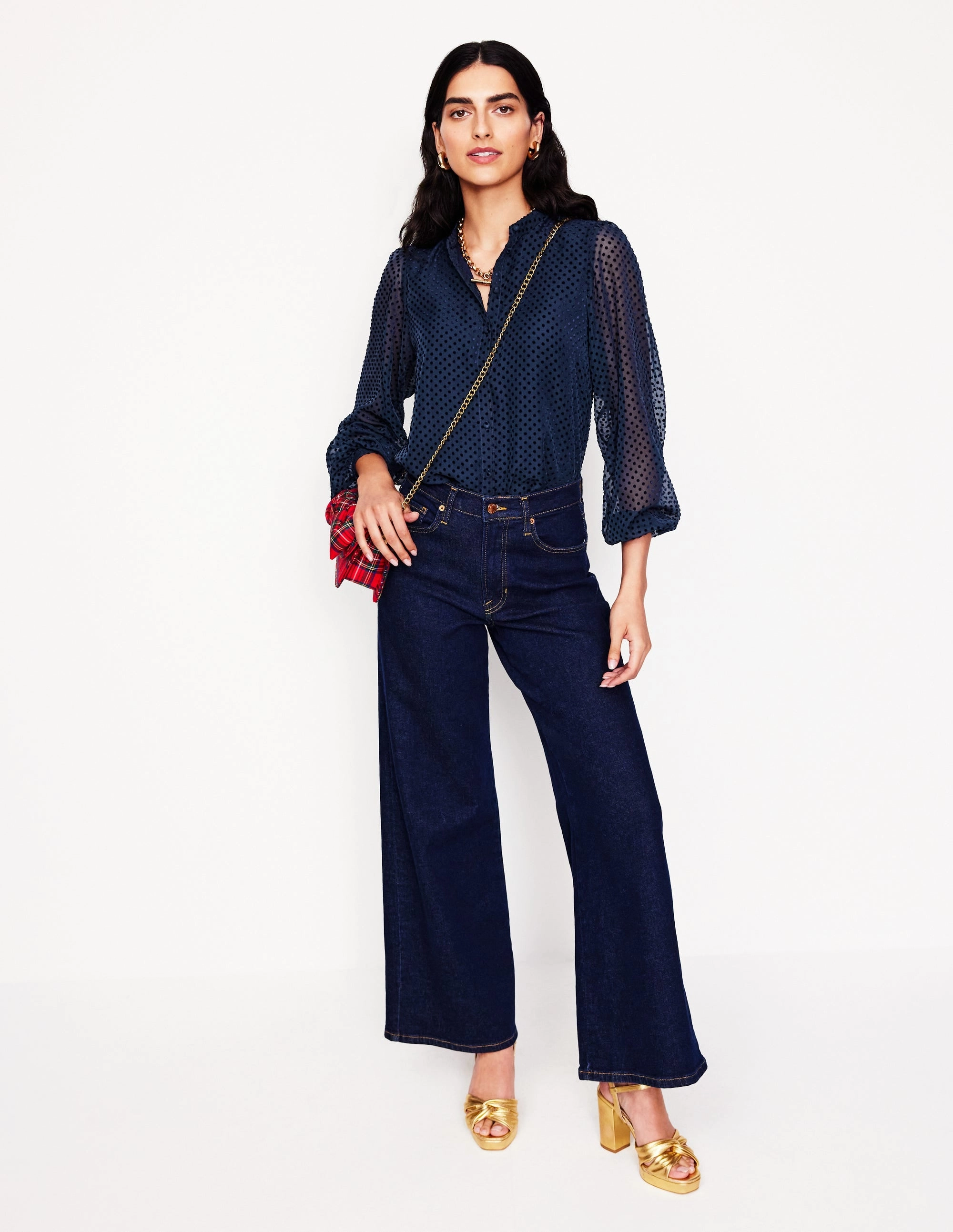 Theodora Devore Blouse-Navy Spot ArticulatedElbowShaping