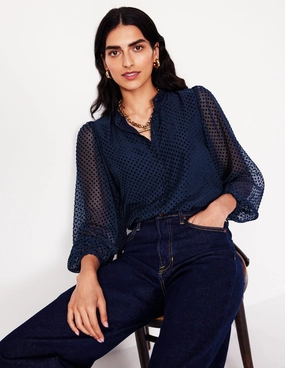 Theodora Devore Blouse-Navy Spot Biodegradable Fiber