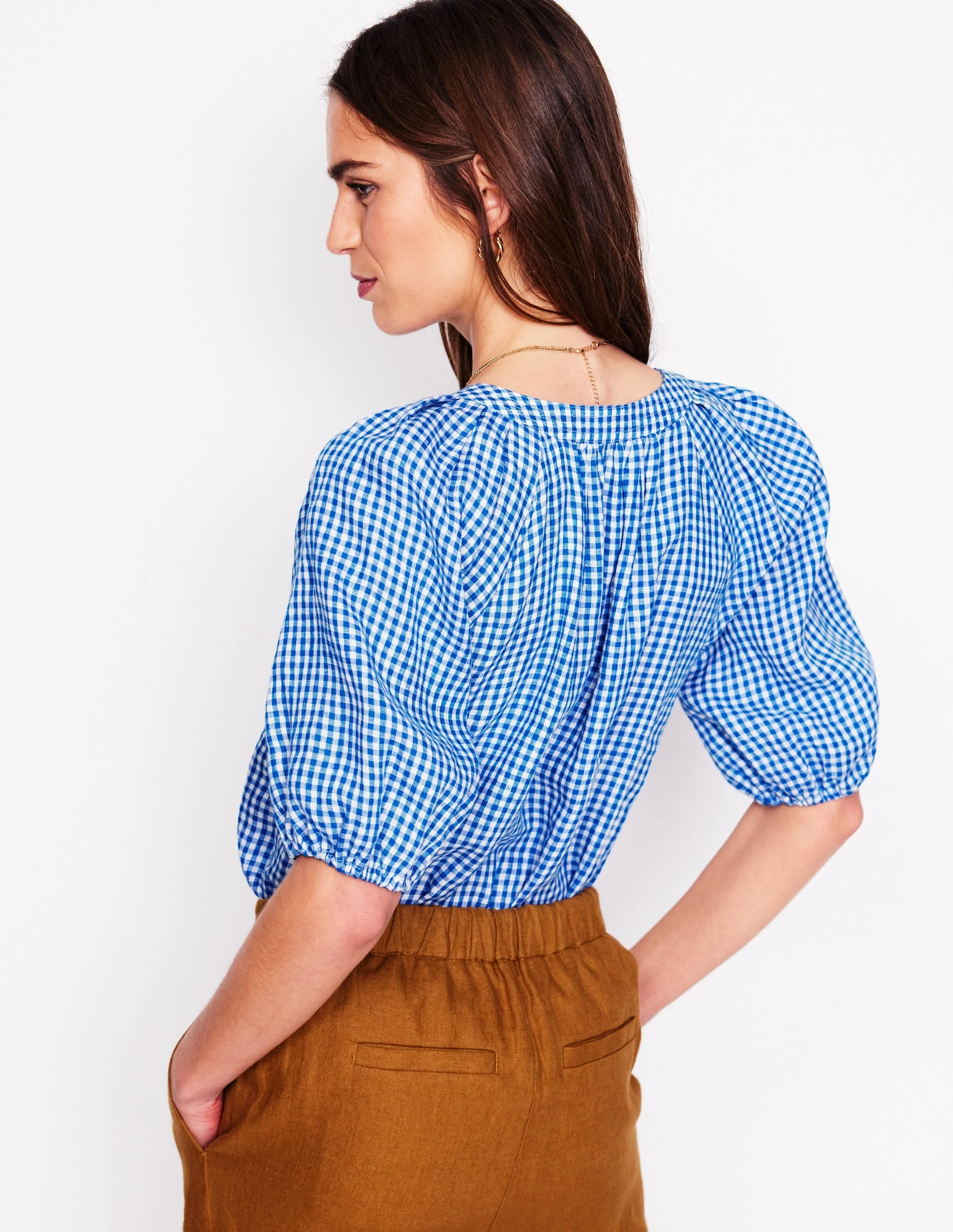 Brooke Linen Top-Kingfisher Blue Micro Gingham Breathable fabric