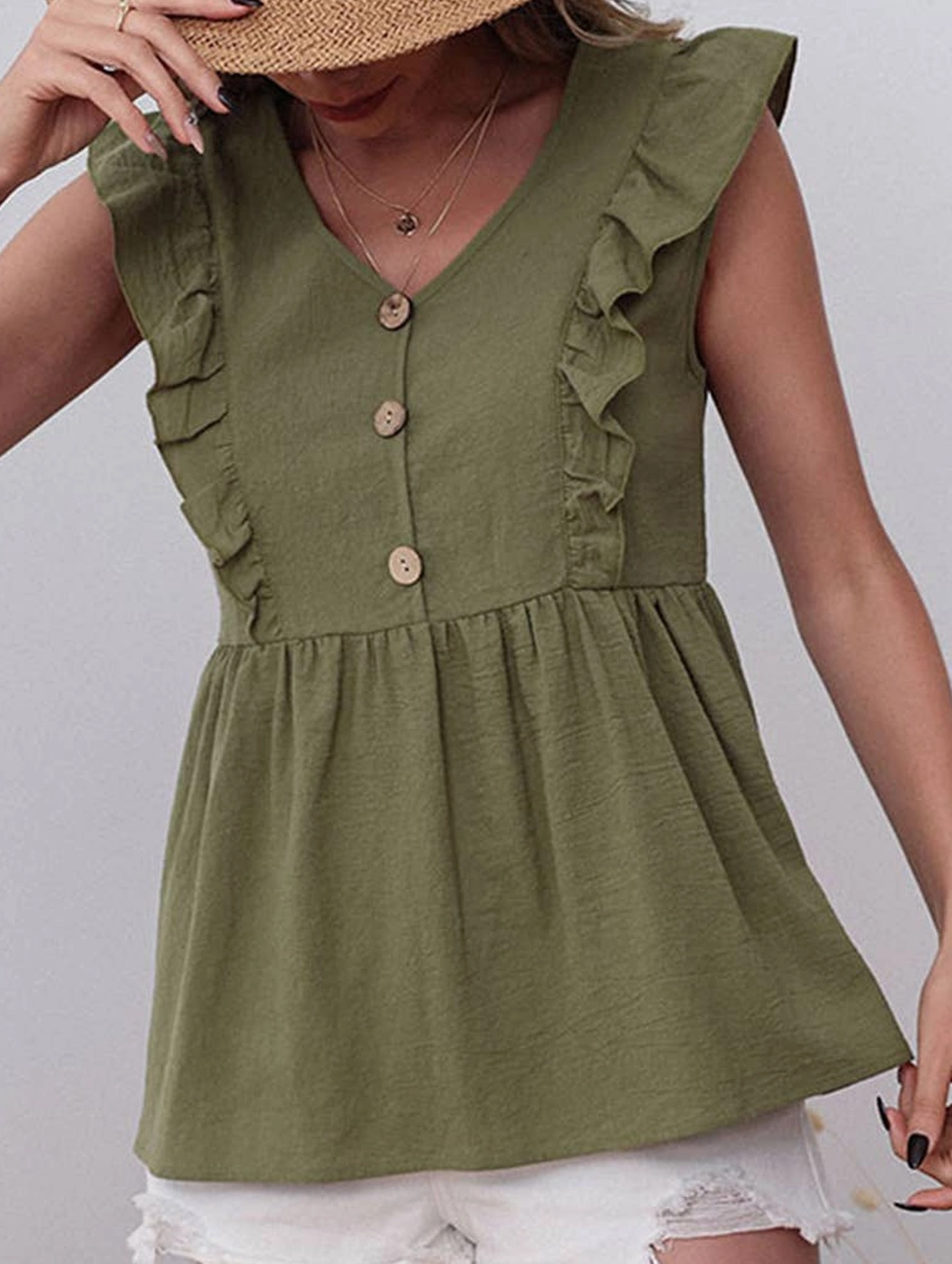 COTTON AND LINEN SLEEVELESS V-NECK BLOUSE_CWTBLSL0204 Tear Resistant Adaptive Waistband
