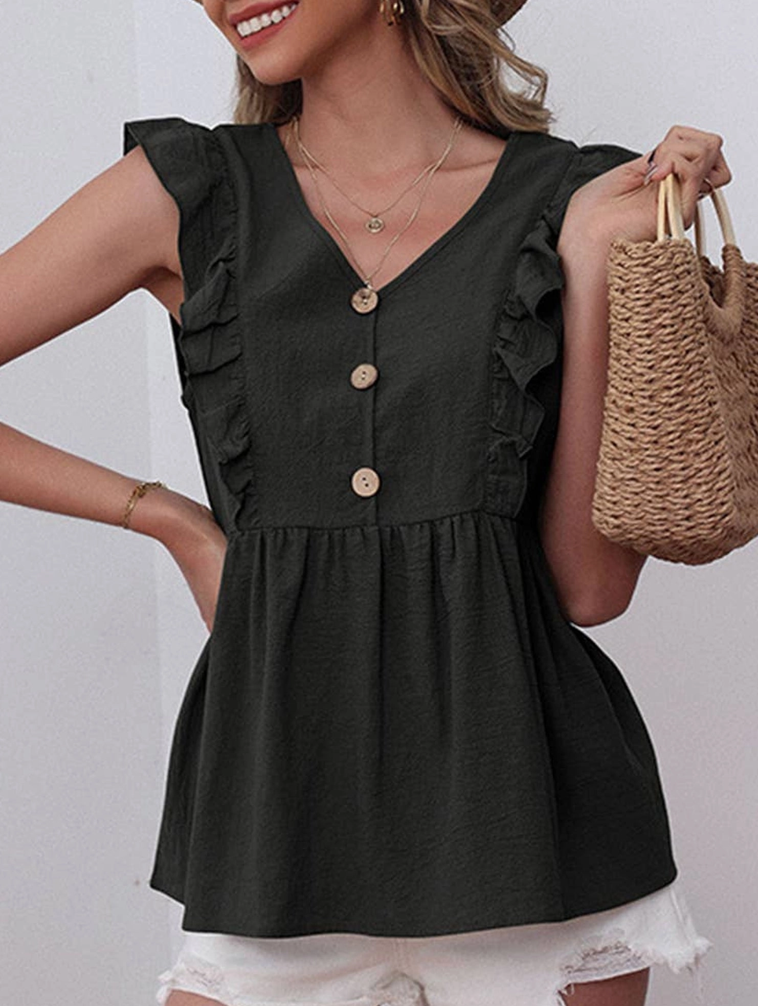 COTTON AND LINEN SLEEVELESS V-NECK BLOUSE_CWTBLSL0204 ReinforcedArmholes