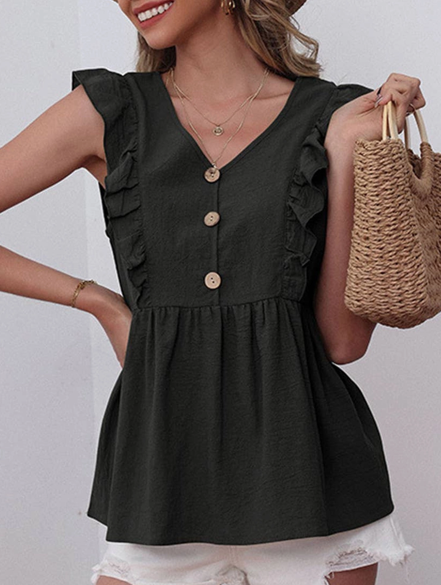 Chic Tee Layered Shoulder COTTON AND LINEN SLEEVELESS V-NECK BLOUSE_CWTBLSL0204