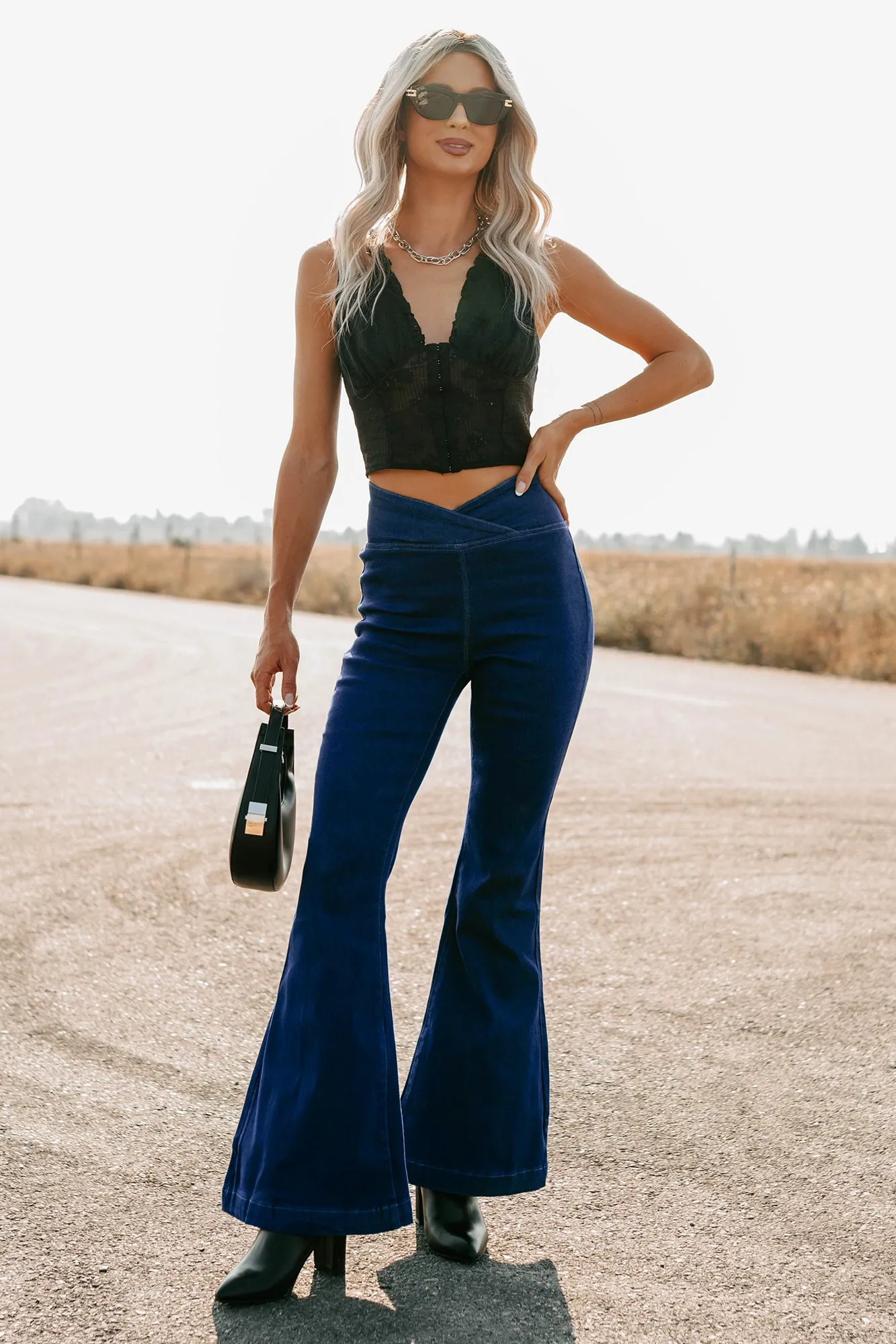 Thora V Waist Signature 8 Flare Jeans (Dark) Hidden Rivet Details Couple Look Office Wear