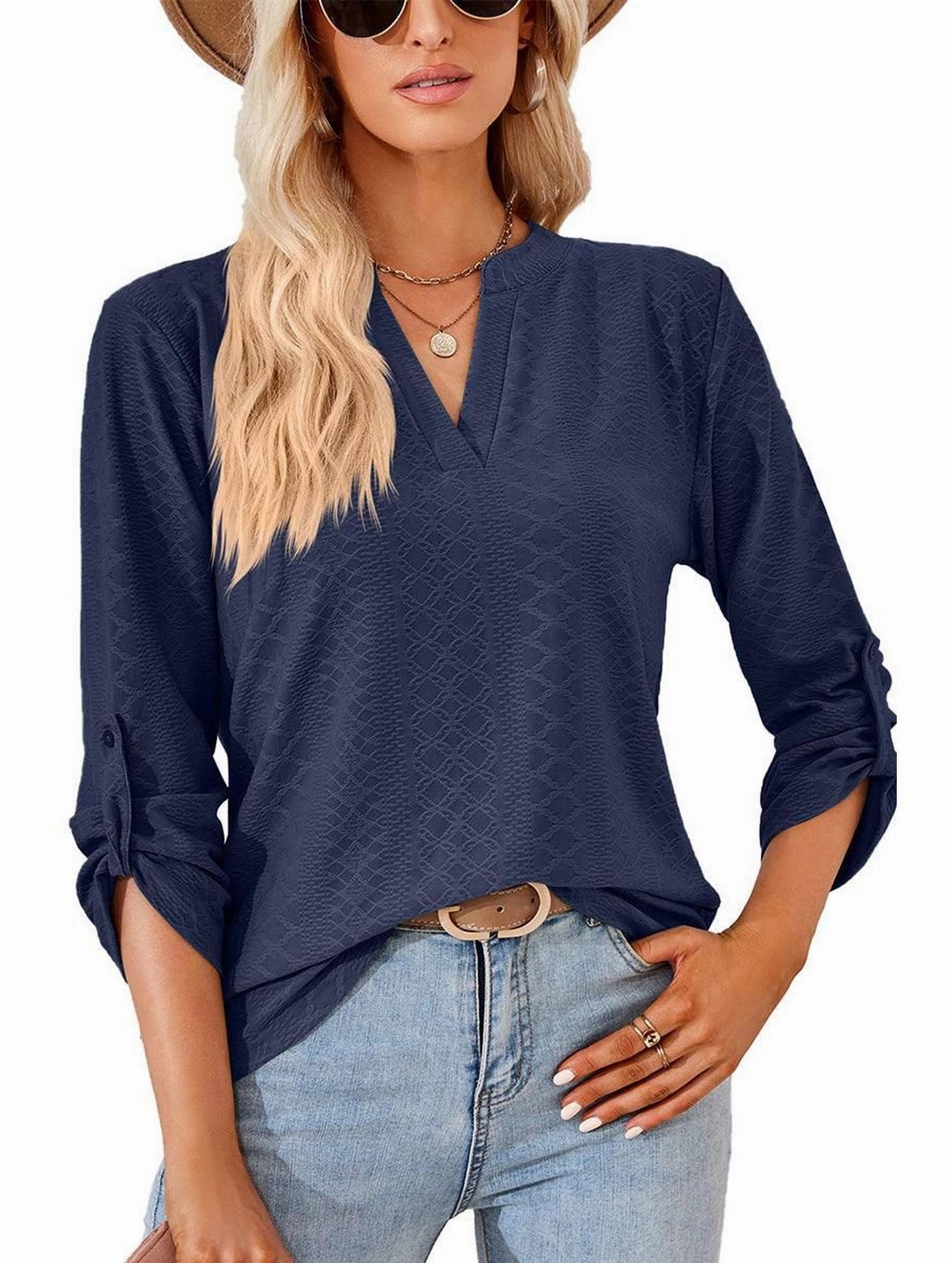 THREE QUARTER SLEEVE V NECK TOP Stretch Technology