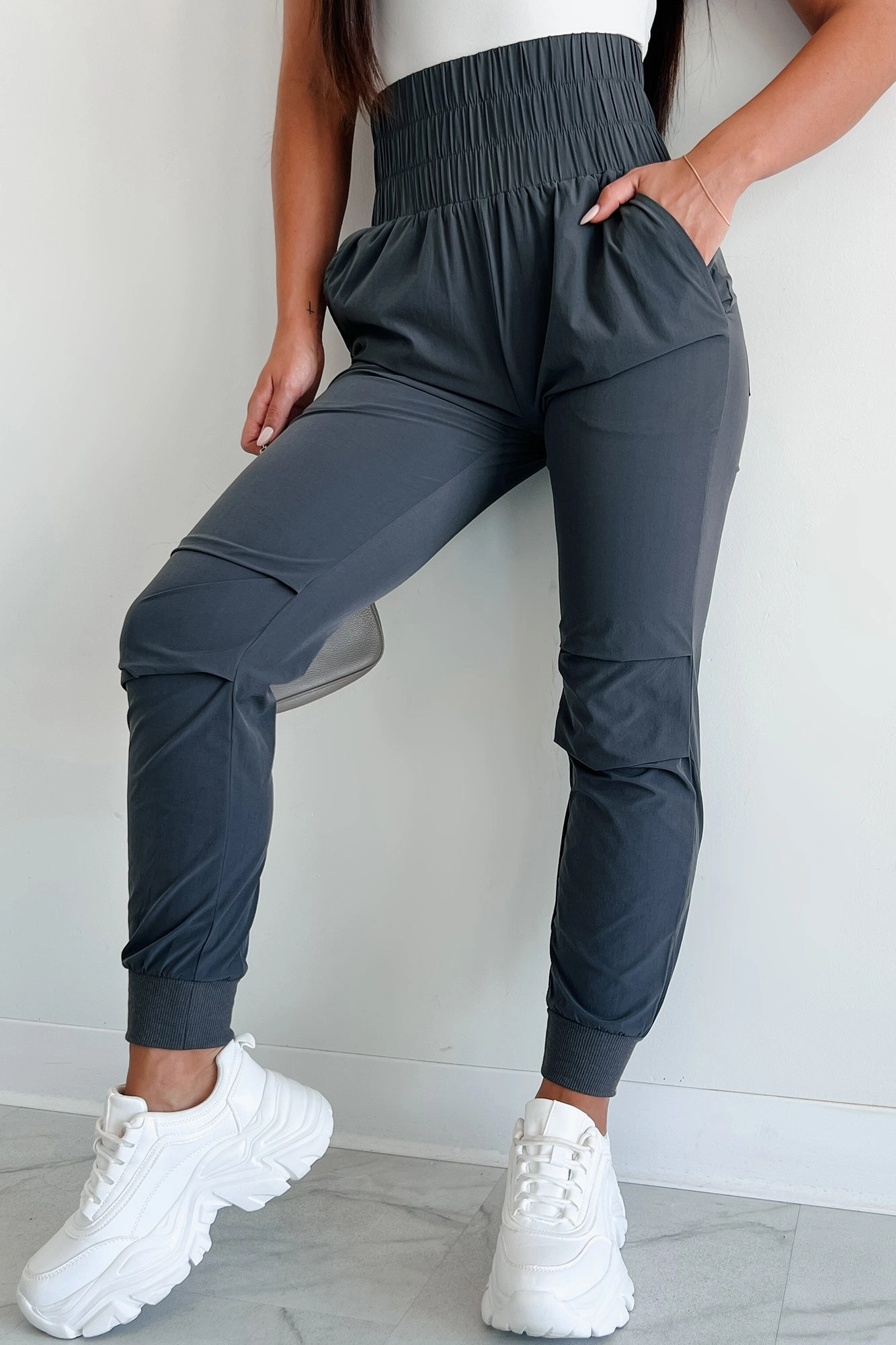 Thrill Of The Game High Waist Joggers (Charcoal) Skinny Fit Non Irritating Tags