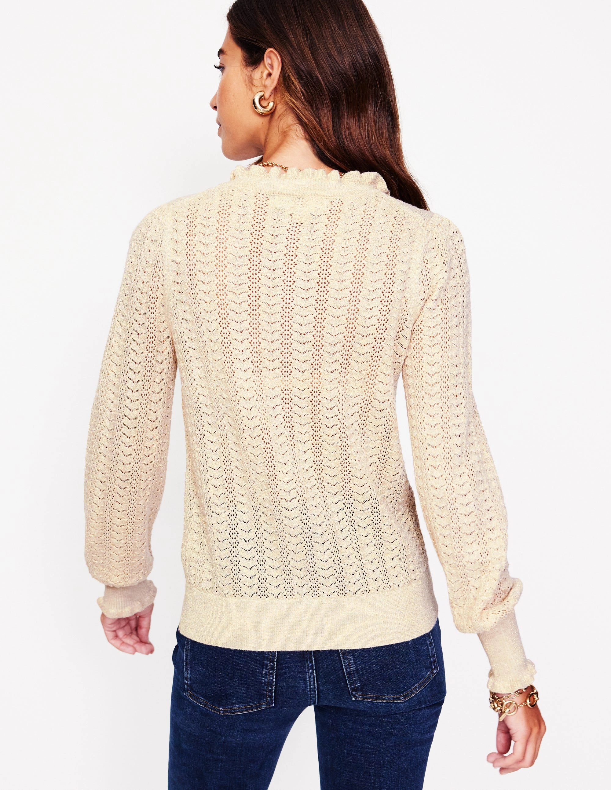 Tia Pointelle Frilled Cardigan-Gold Oatmeal Melange Texture Focus Daily Comforted