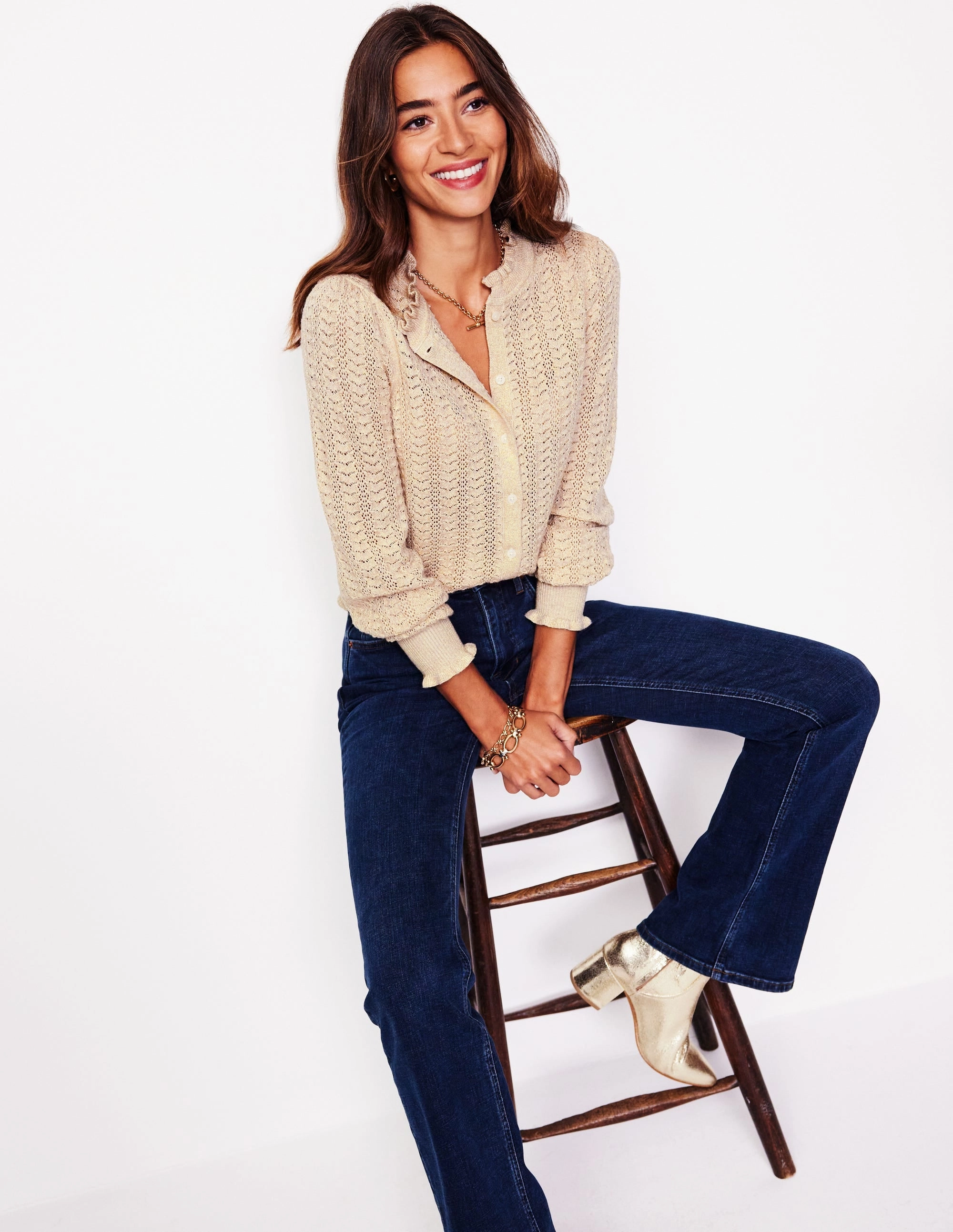 Tia Pointelle Frilled Cardigan-Gold Oatmeal Melange Flexible Neckline