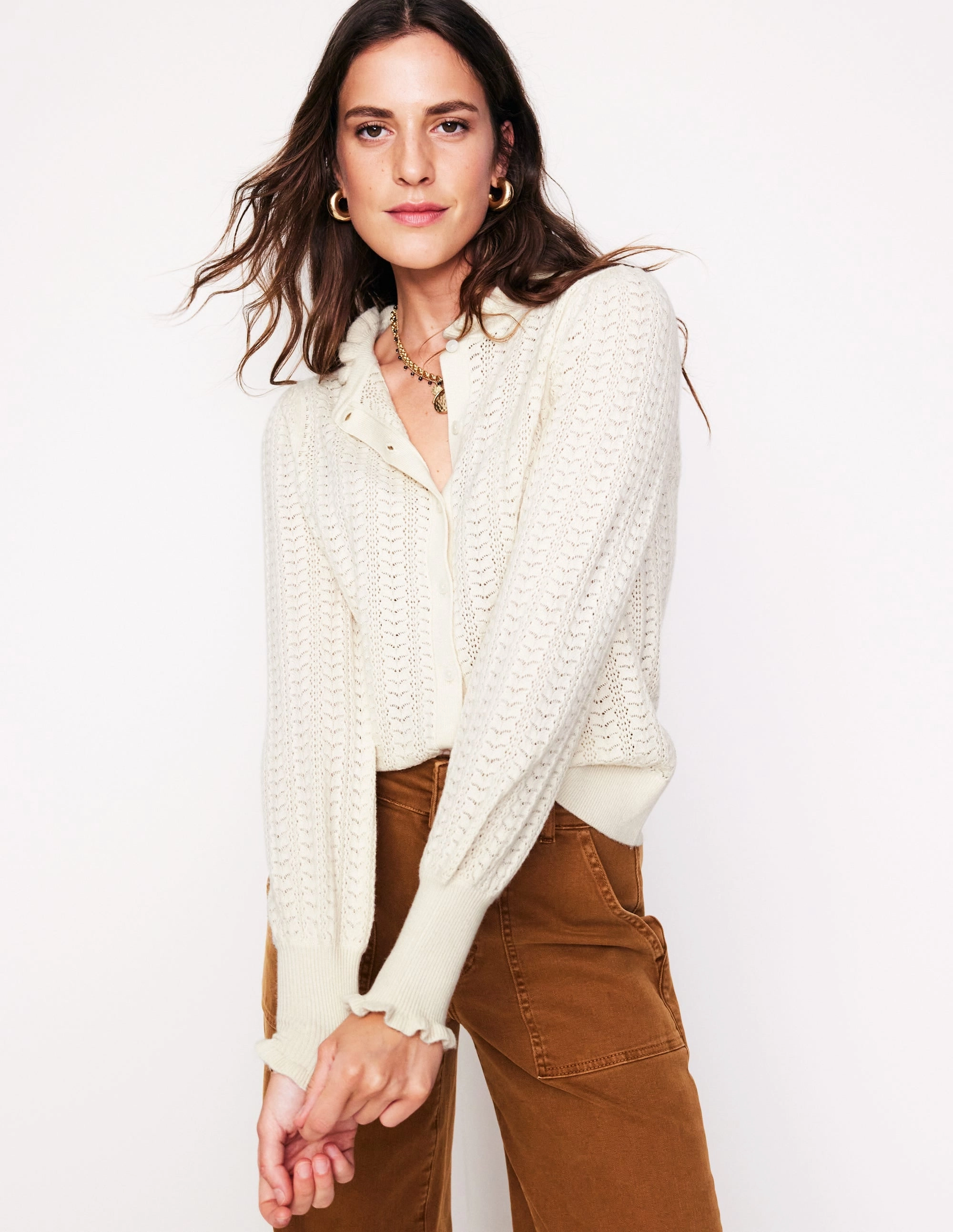 Tia Pointelle Frilled Cardigan-Warm Ivory Versatile Layered
