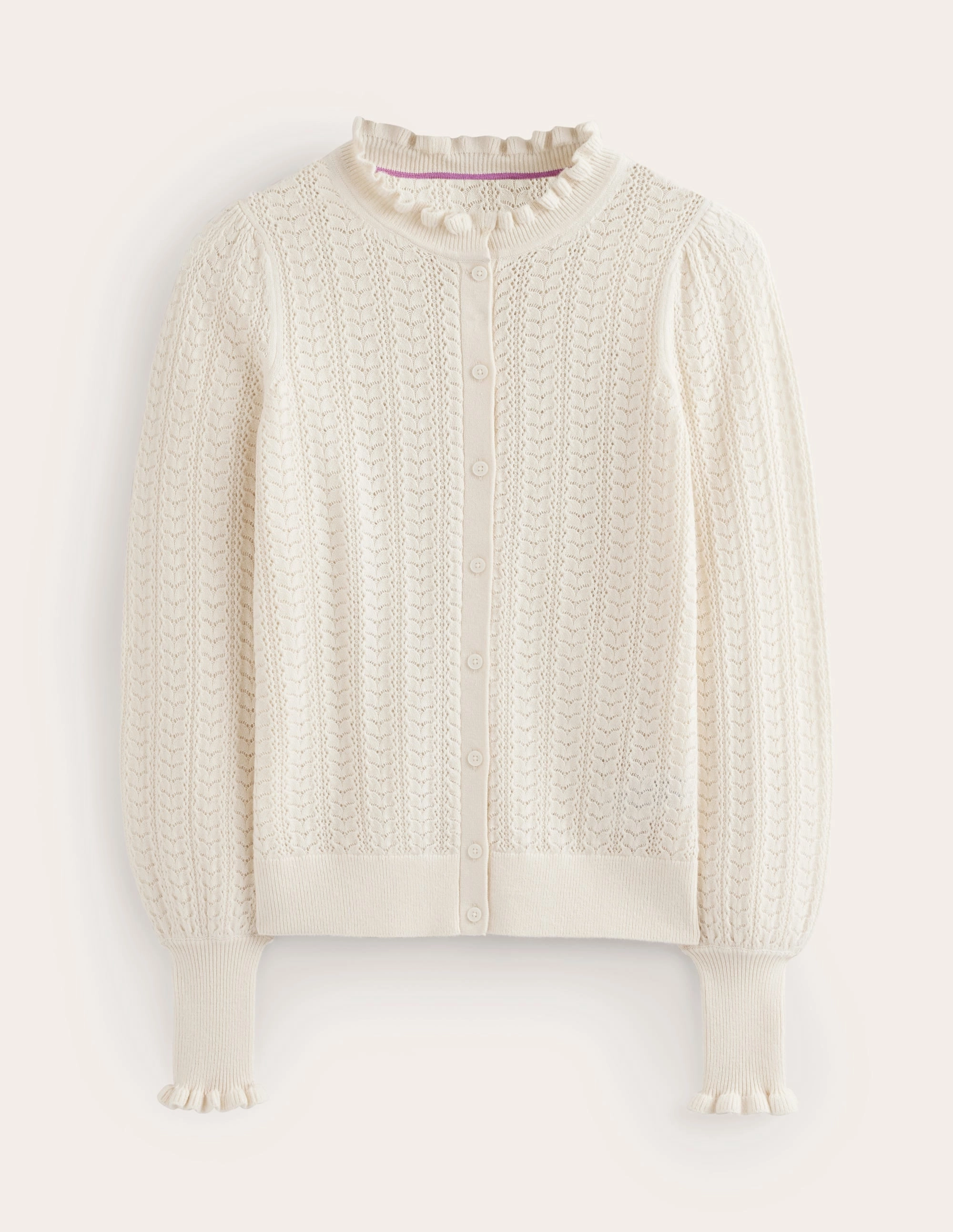Tia Pointelle Frilled Cardigan-Warm Ivory Layered Neckline