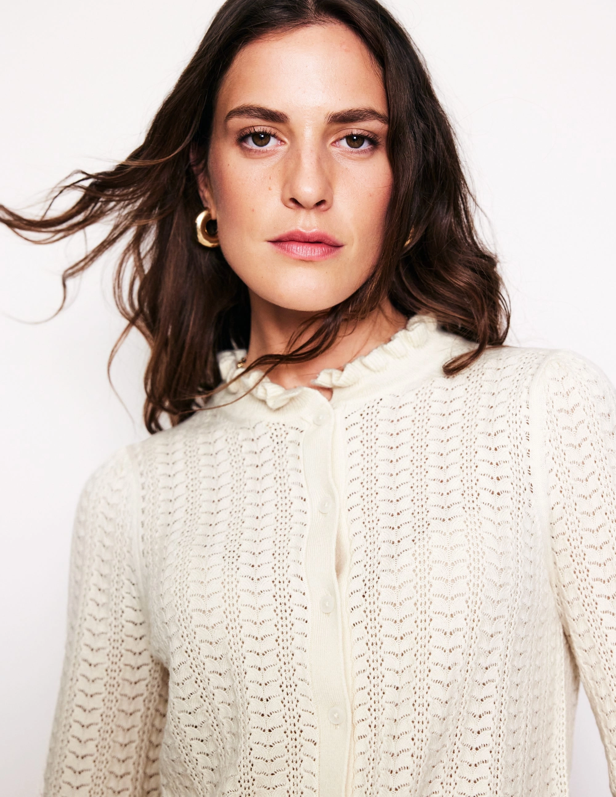 Office Friendly Tia Pointelle Frilled Cardigan-Warm Ivory