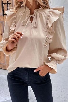 Hypoallergenic Lining TIED NECK FUNGUS SLEEVE SOLID BLOUSE