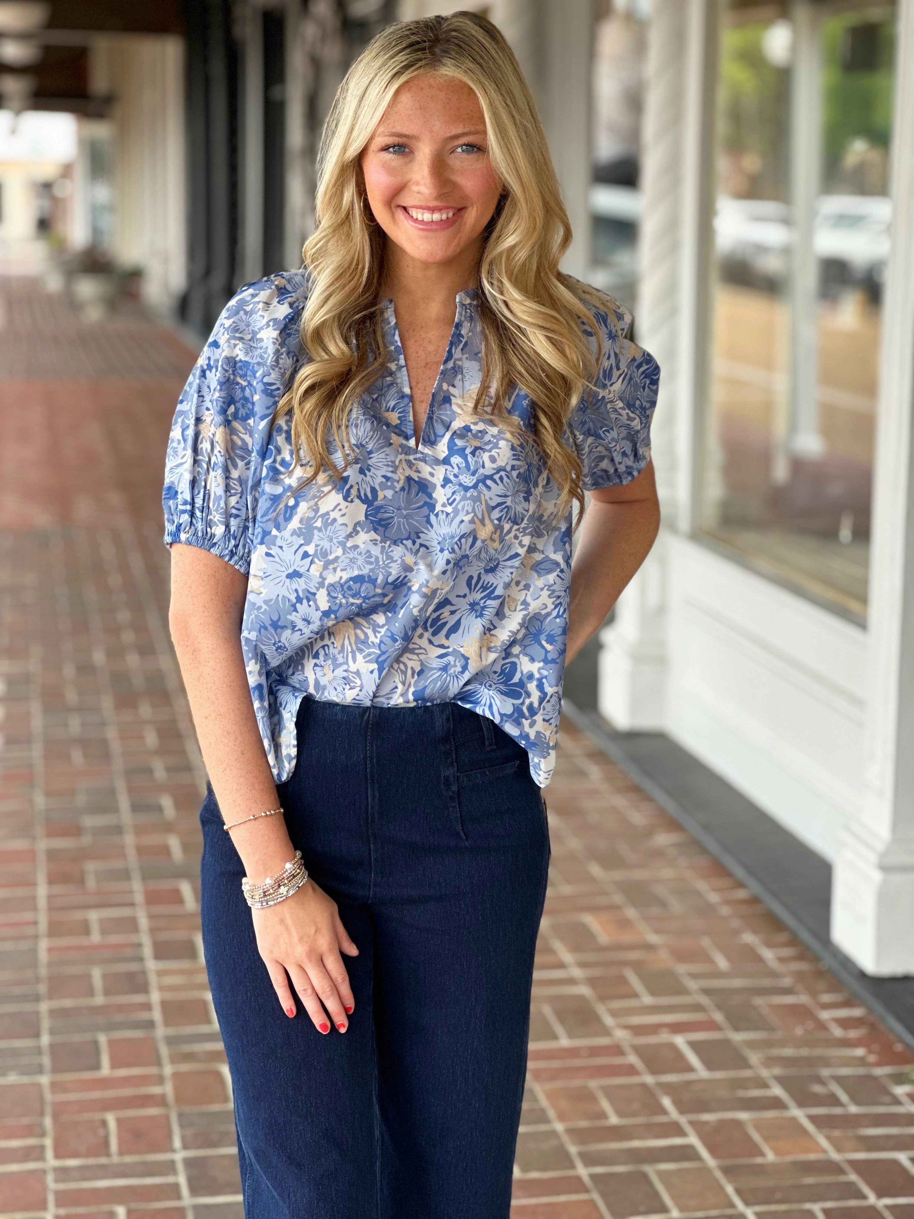 Time After Time Top in Floral Blue Hidden Storage Pockets