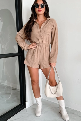 Fall Inspired Letting Colors Fade Textured Romper (Dark Taupe)