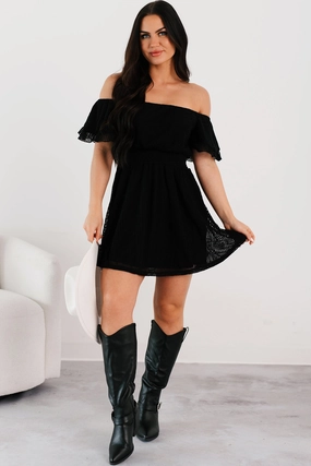 Bold Moves Only Off Shoulder Mini Dress (Black) Statement Mood Timeless Design