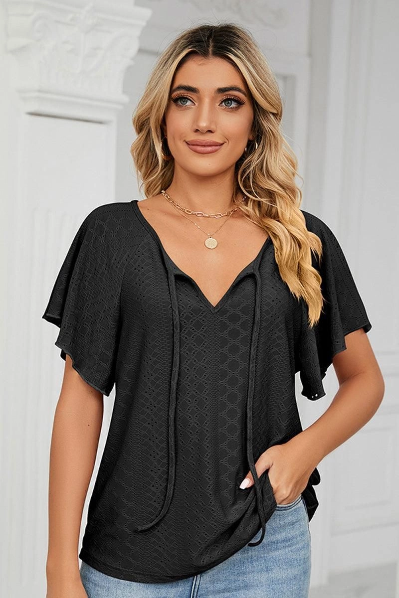 V NECK PUNCHING LACE UP RUFFLE LOOSE TOP Soft Blended Fabric