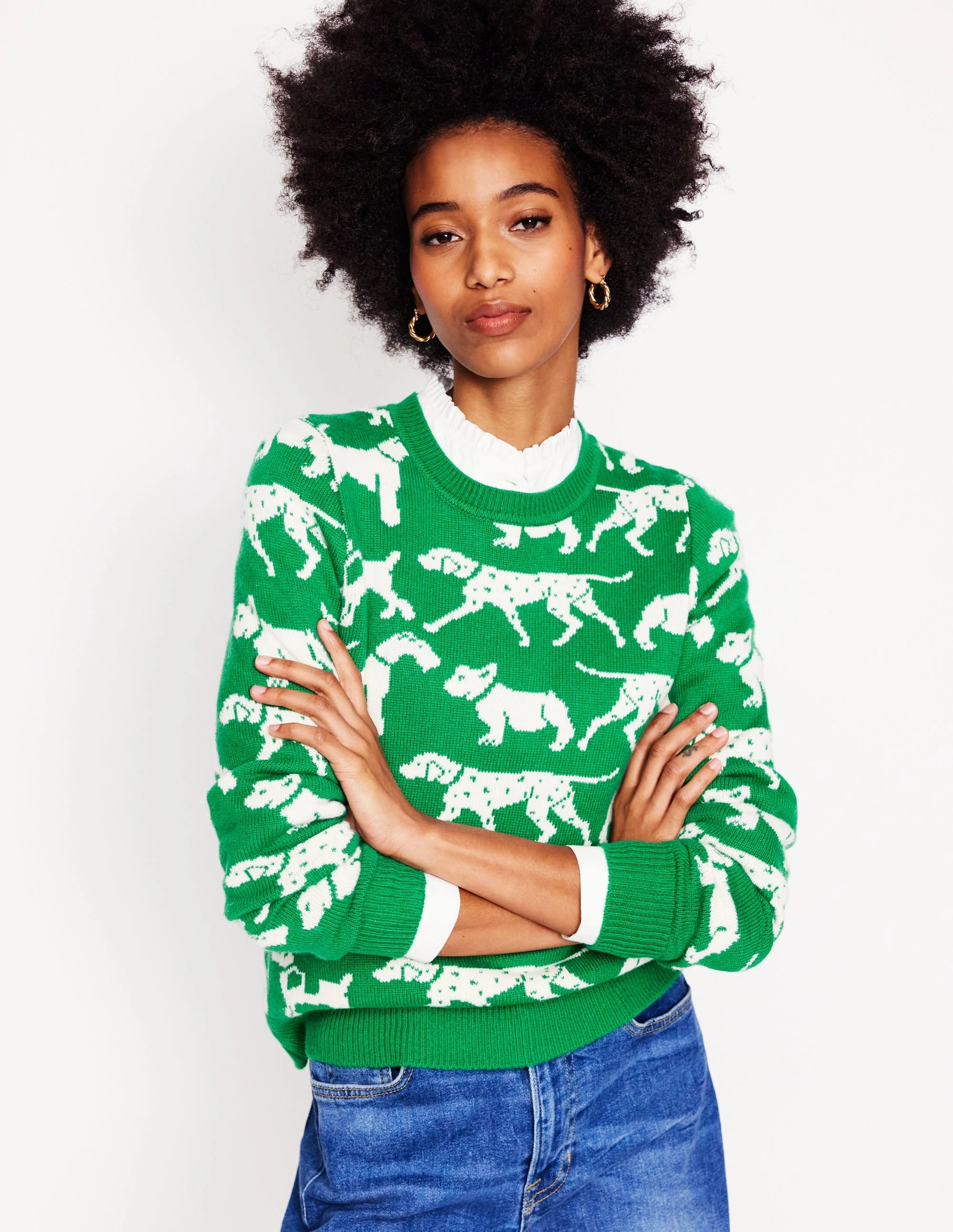 Adjustable Cuff Heather Jacquard Jumper-Sapling Green, Dogs