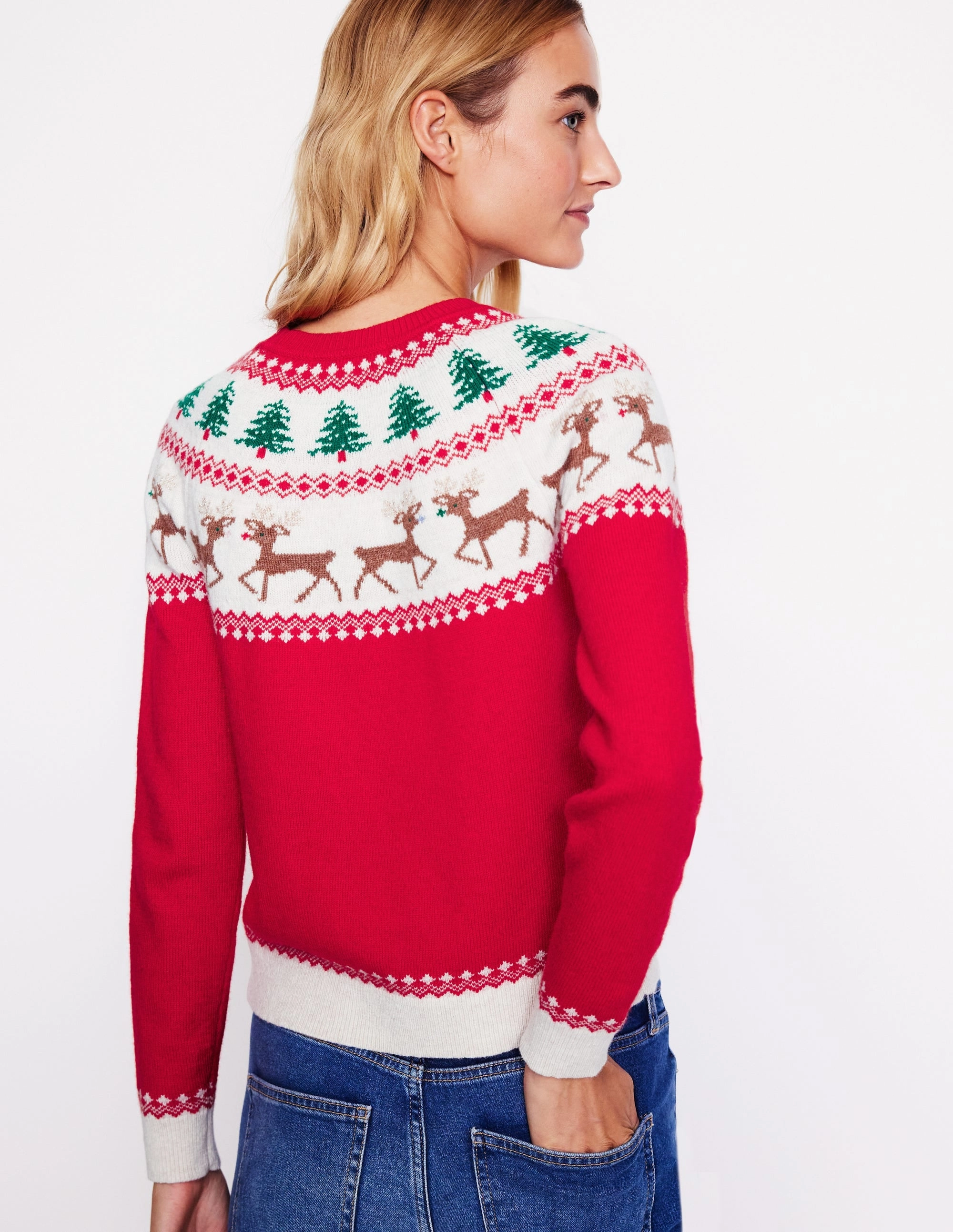 Simple Layer NoSnag Surface Edie Fair Isle Jumper-Red, Reindeers