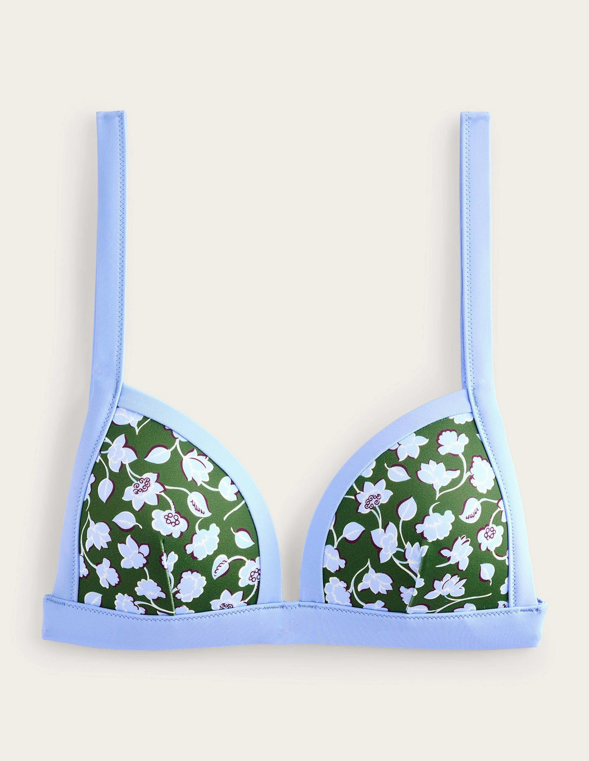 Fading Resistant Fabric Triangle Panelled Bikini Top-Winter Green, Blue Floral