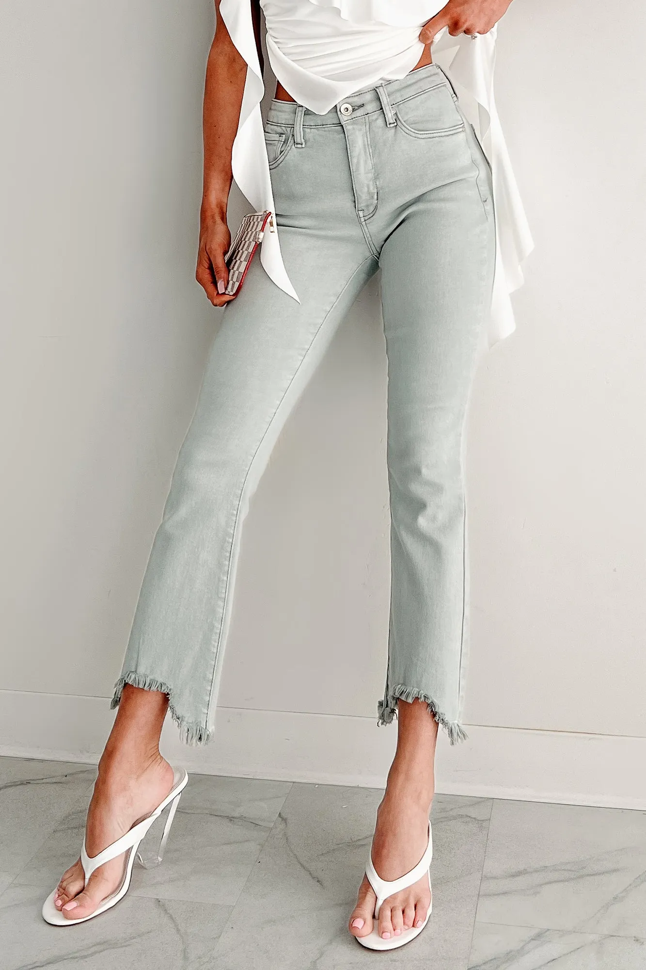 Relaxed Fit Shirt Ribbed Hemline Tulsa Mid Rise Tummy Control Special A Kick Flare Jeans (Light Grey)