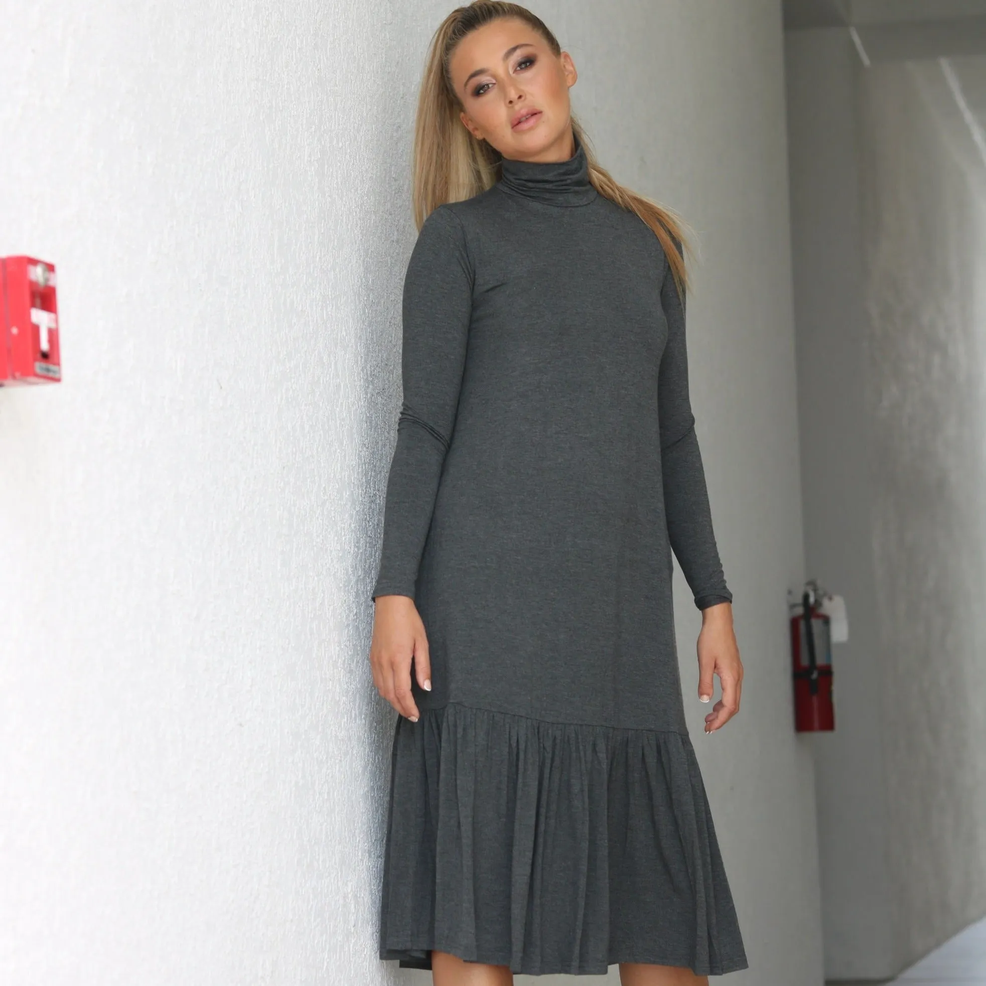Turtleneck Dress | Grey [Final Sale] Mesh-Detail EasyCareMaterial