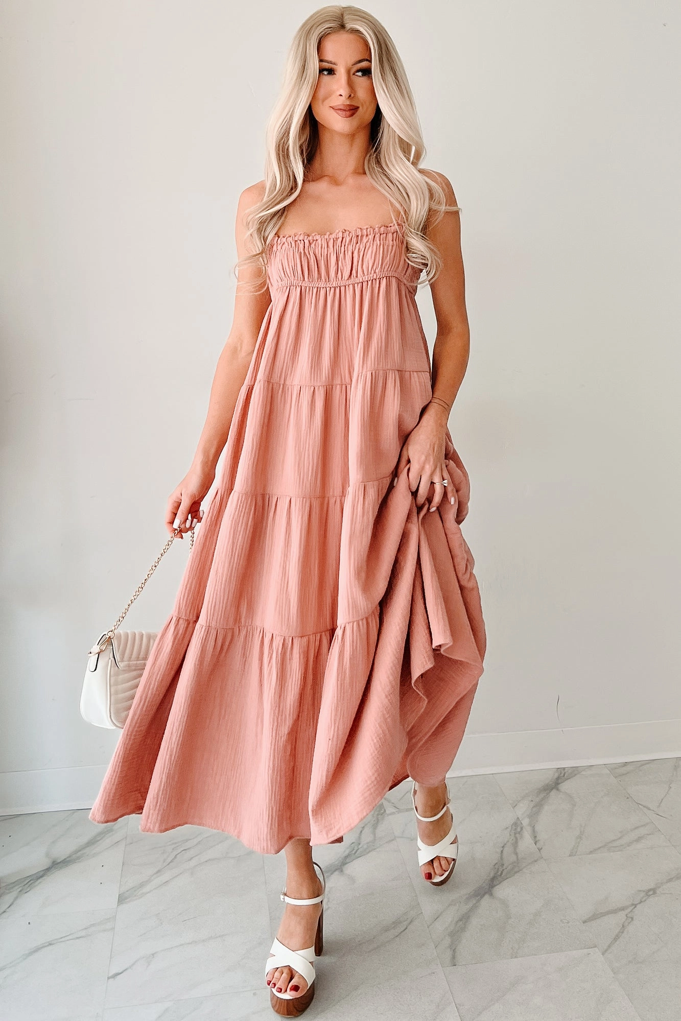 Water-resistant Twilight Glow Sleeveless Tiered Maxi Dress (Clay)
