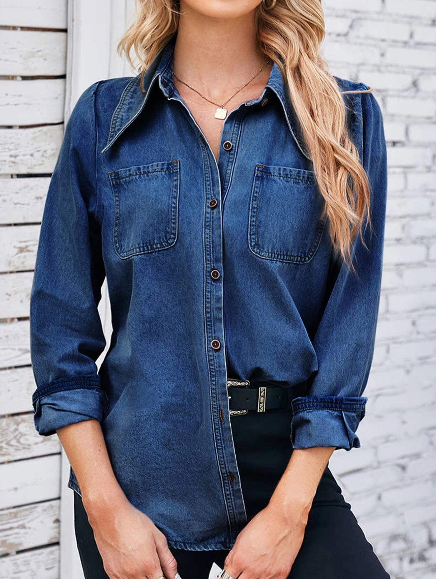 DENIM LONG SLEEVED SHIRT TOP_CWTSTL1055 SoftFeel Fabric
